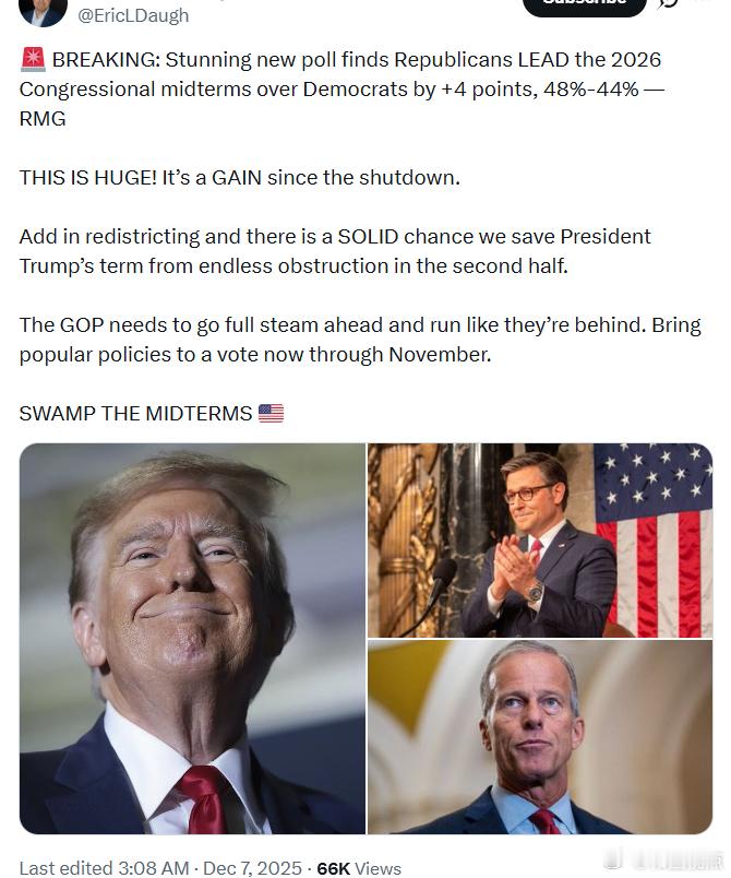 埃里克·多尔蒂：据RMG民调，共和党在2026年国会中期选举中以48%比44%领
