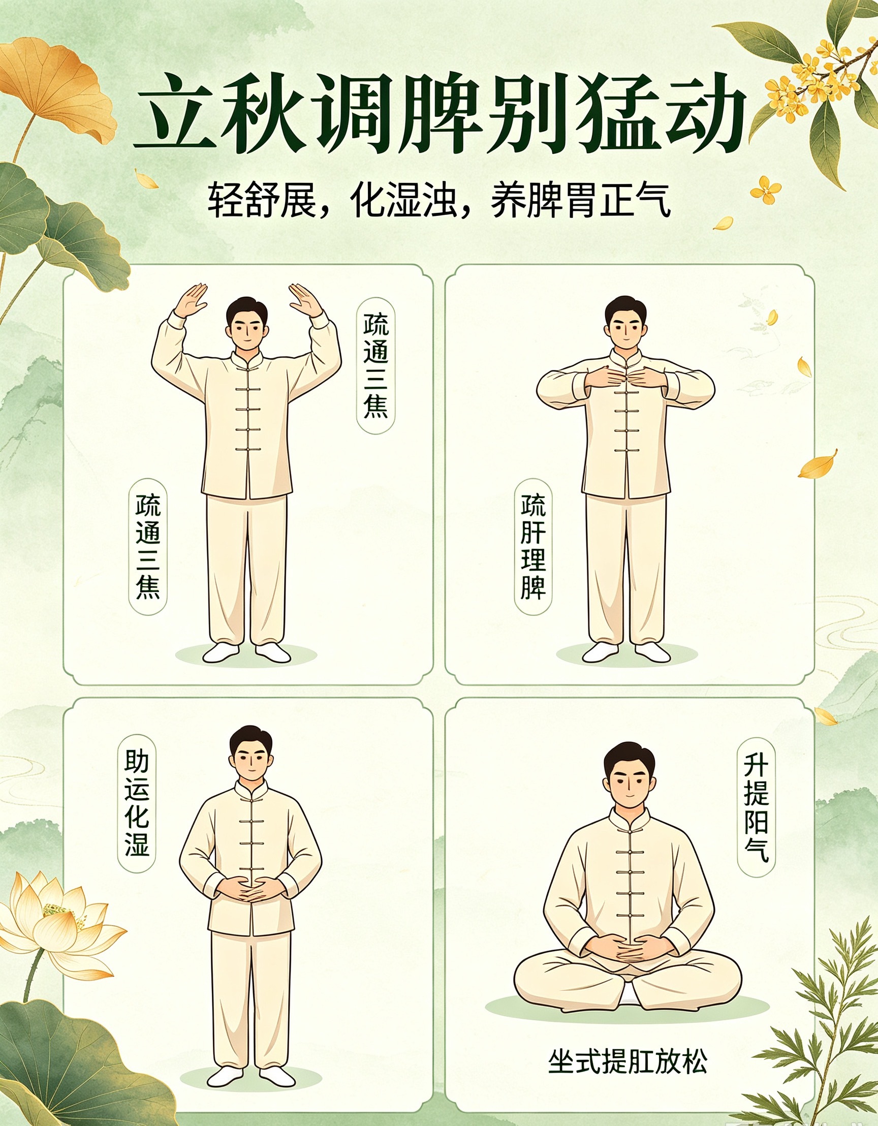 立秋调脾别猛动❗切忌大汗耗掉阳气津液立秋还在伏里，地表余热很重，很多人运动喜欢暴