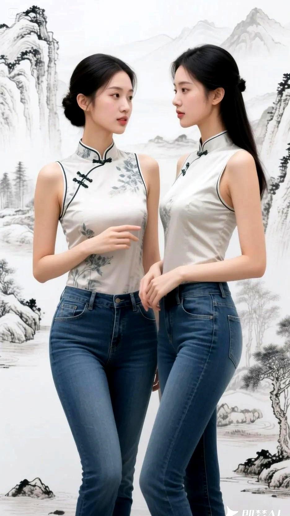 两位美女身着无袖旗袍上衣，勾勒曼妙身姿，下身搭配紧身牛仔裤，中西风格碰撞尽显时尚