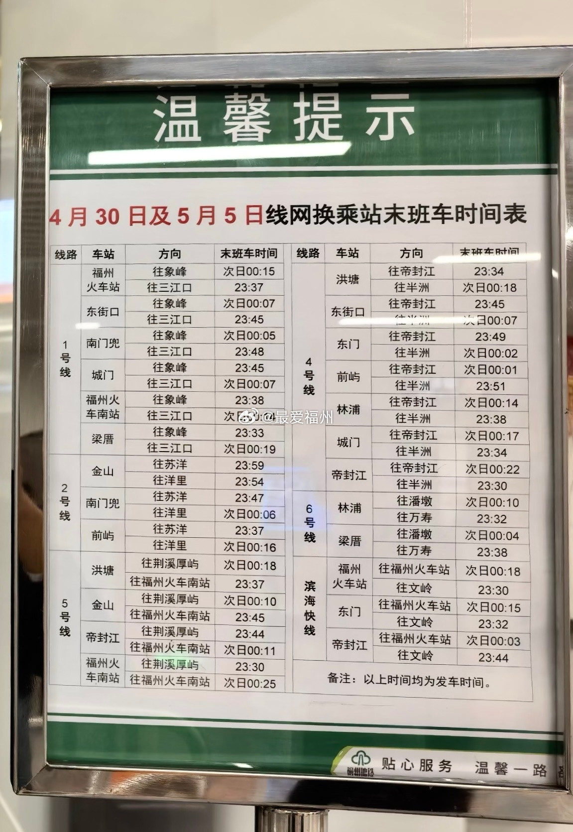 福州地铁五一假期不仅免费坐还贴心的做了一张线网换乘末班车时间外地游客来榕旅游的