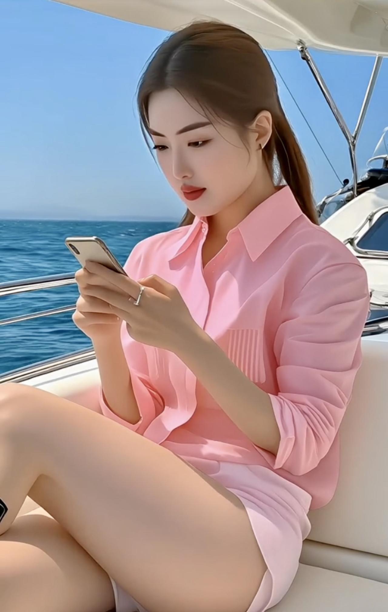 大海中的浪漫游艇浮在蓝海边，粉衣姑娘坐得闲。低头专注看手机，海风轻拂发丝