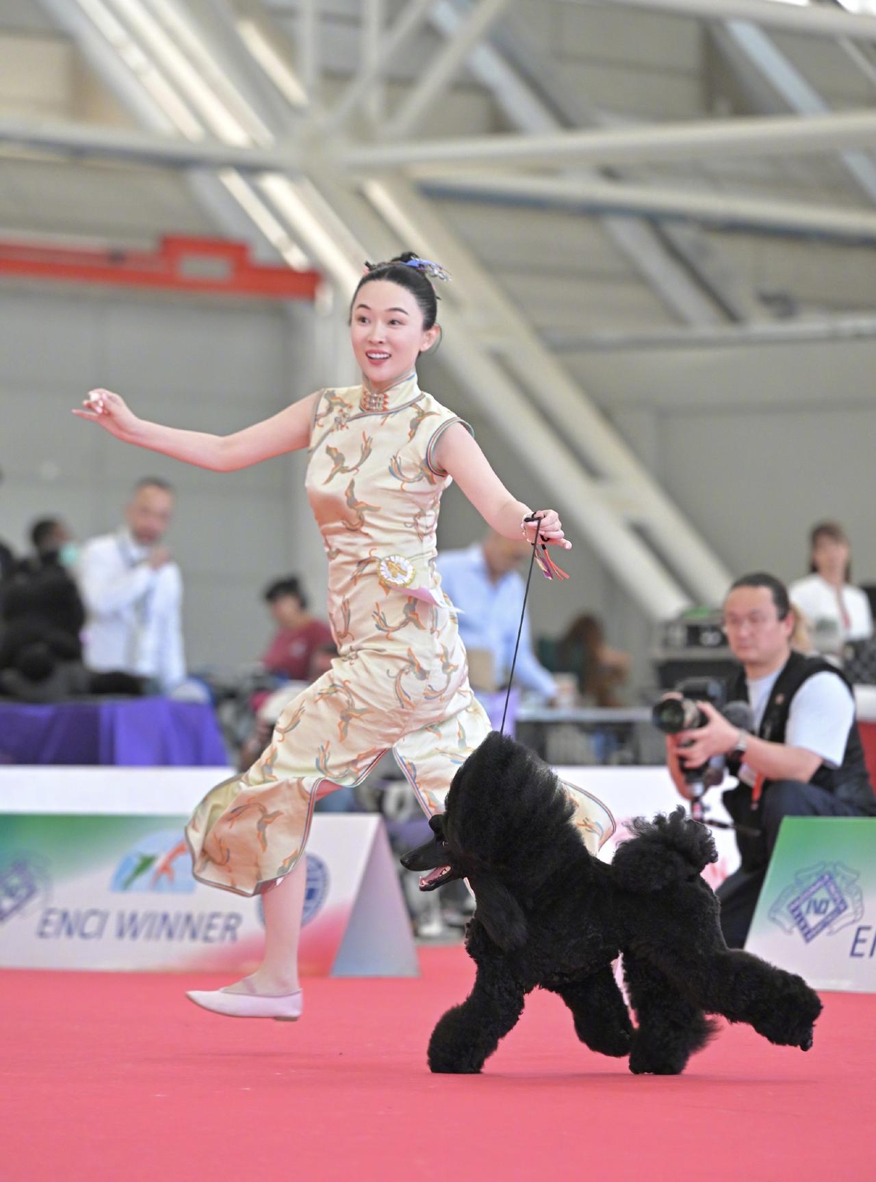 6月8日，霍思燕晒爱犬“霍蜜蜡”意大利夺冠照片，她与爱犬在赛场上一起奔跑时的美丽