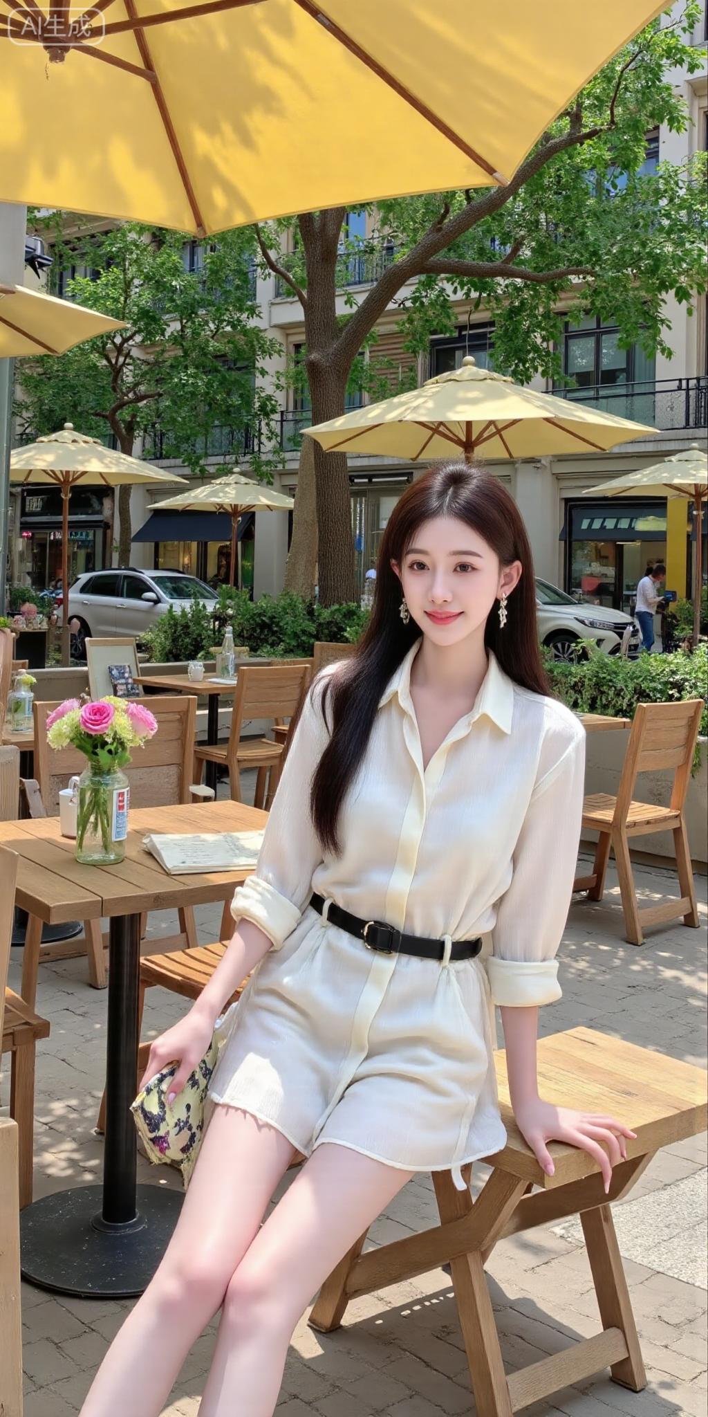 浅黄穿搭衬花伞，街角户外的清新氛围感嫩黄色穿搭