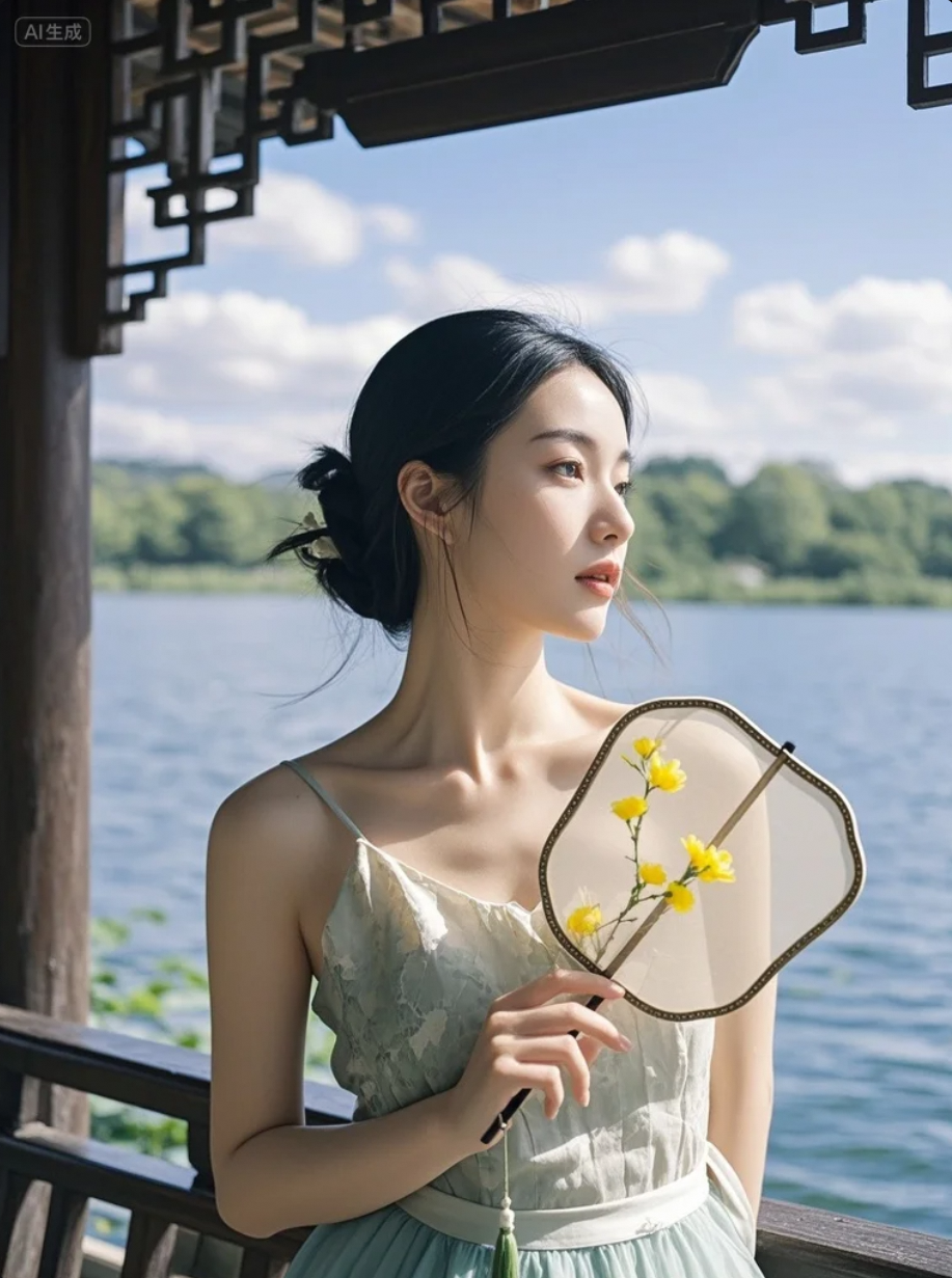 她轻轻一扇，仿佛连蝉鸣都为她停歇