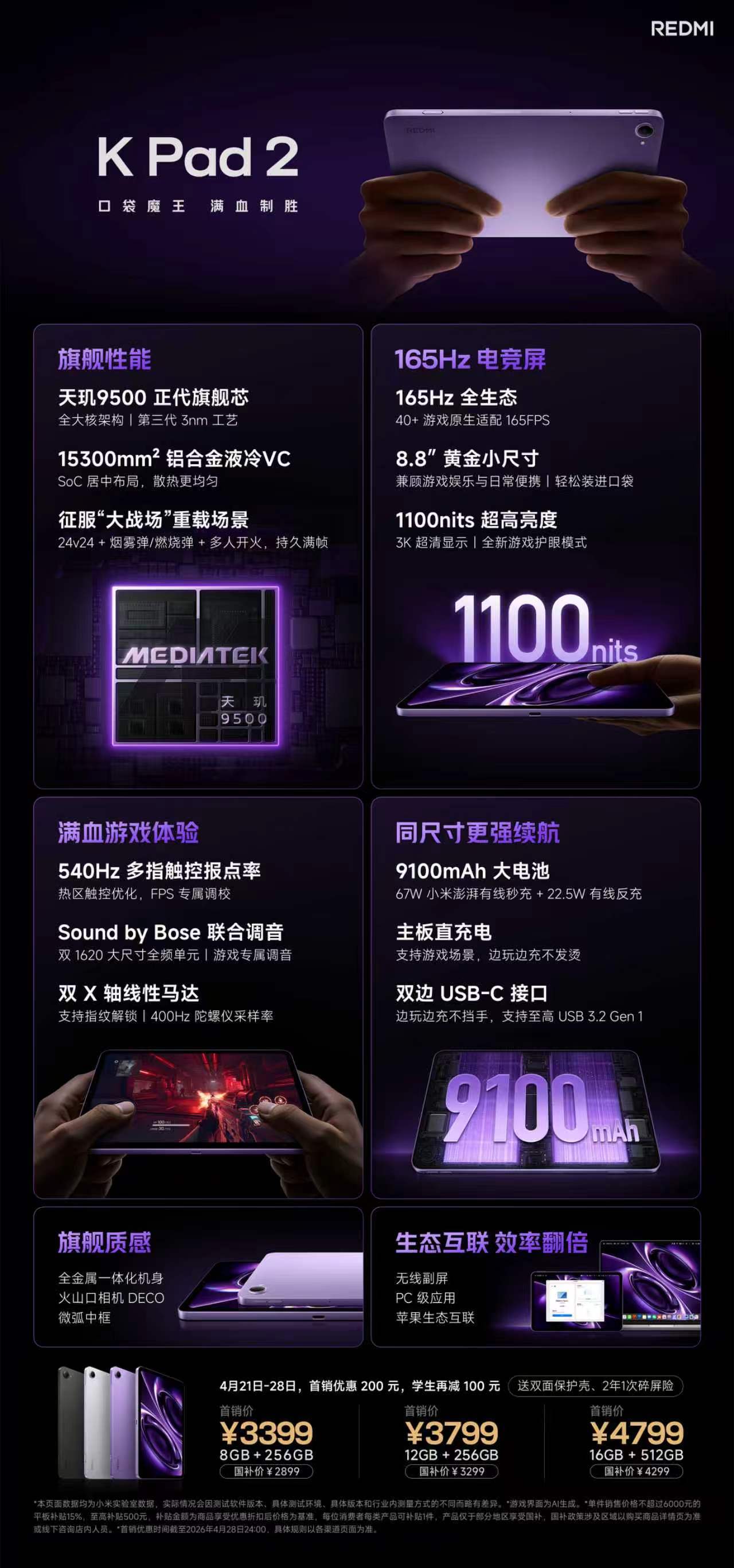 这次REDMIKPad2不管是配置还是价格都夯爆了。核心配置上，天玑950