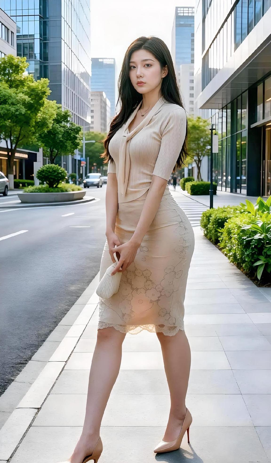 阳光洒落都市的街道，米色裙摆随风轻摇。高跟鞋敲击着自信的步伐，蕾丝花