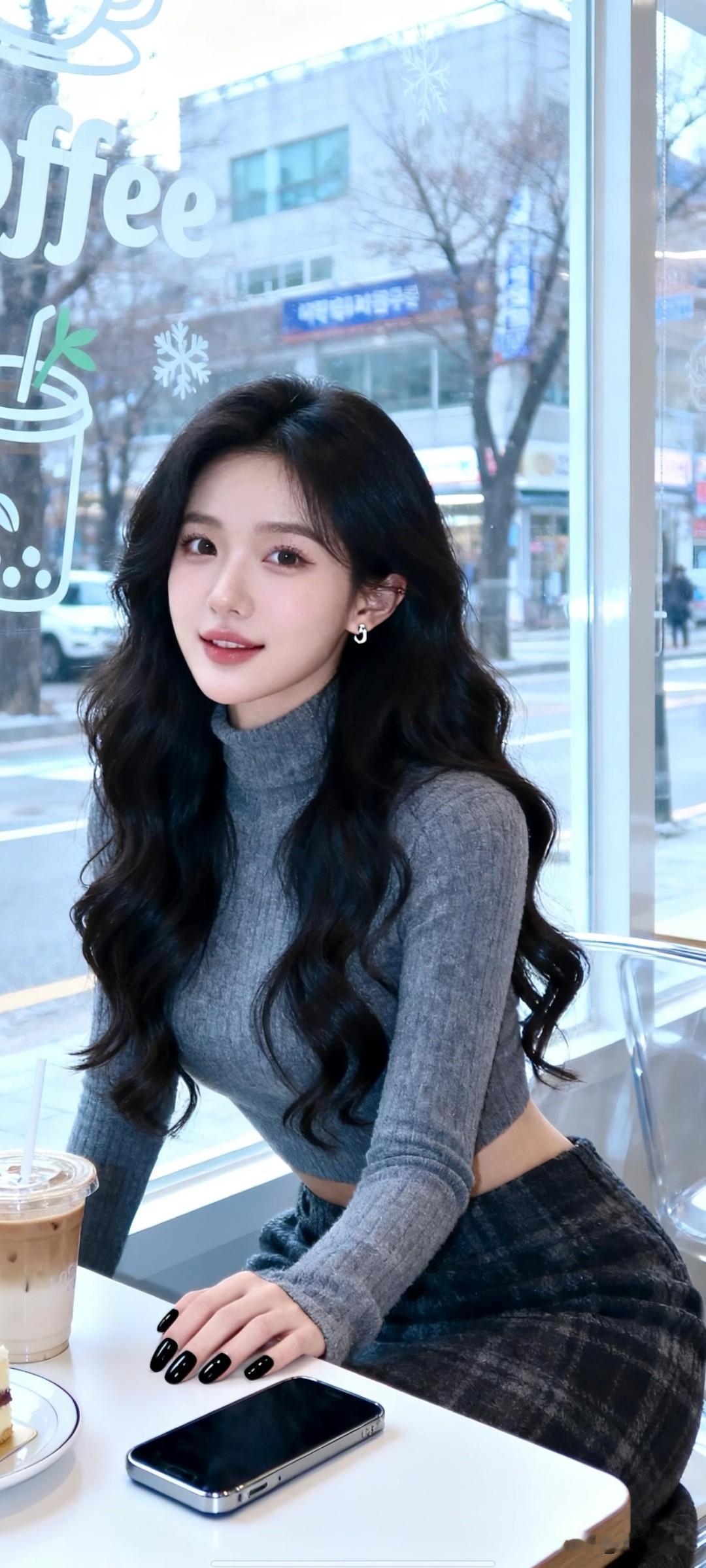 窗前美人倚，咖啡香满怀。