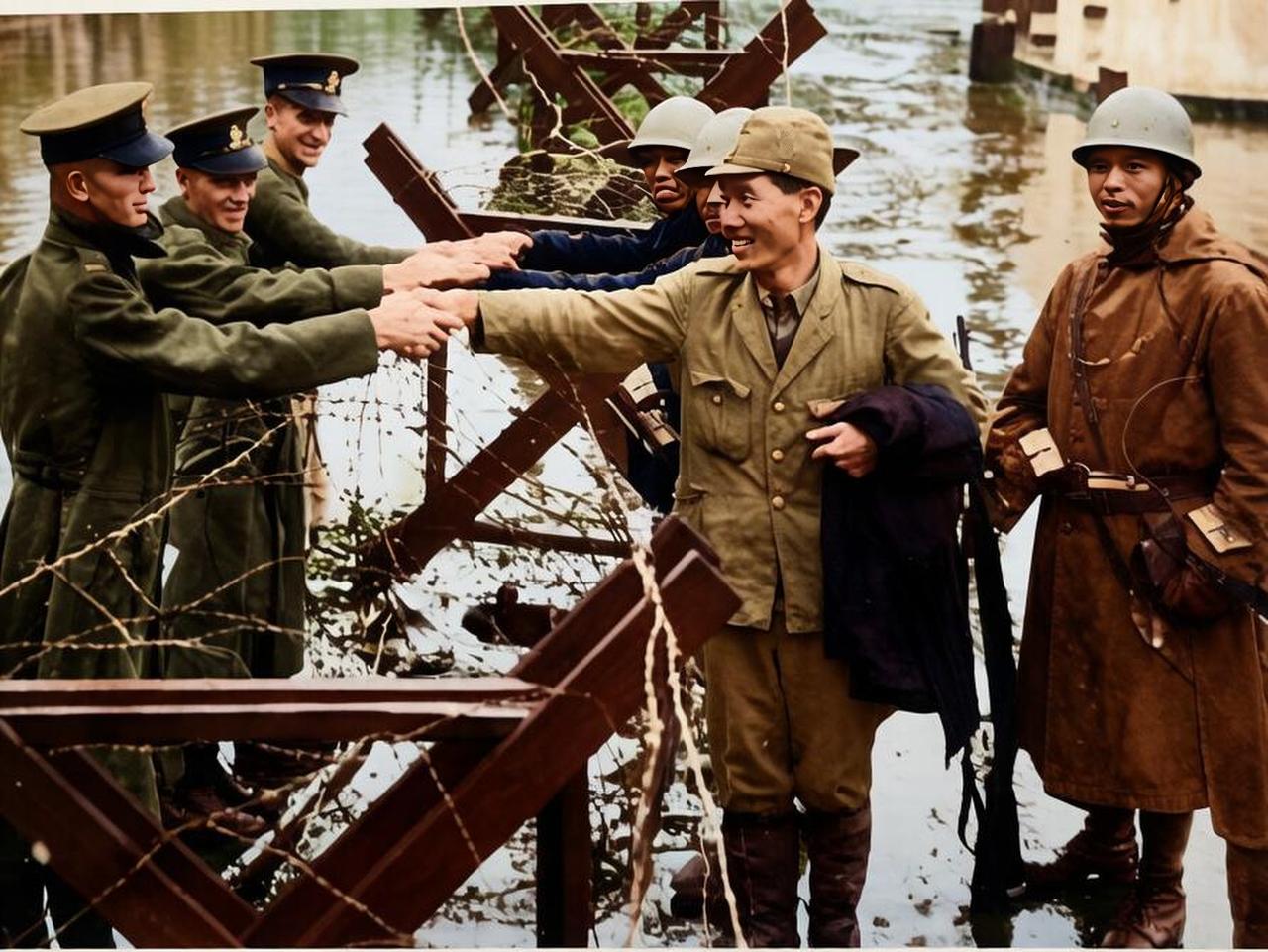 1937年，战火纷飞的上海，入侵城区的日本军人隔着铁丝网与英租界内的英国士兵握手