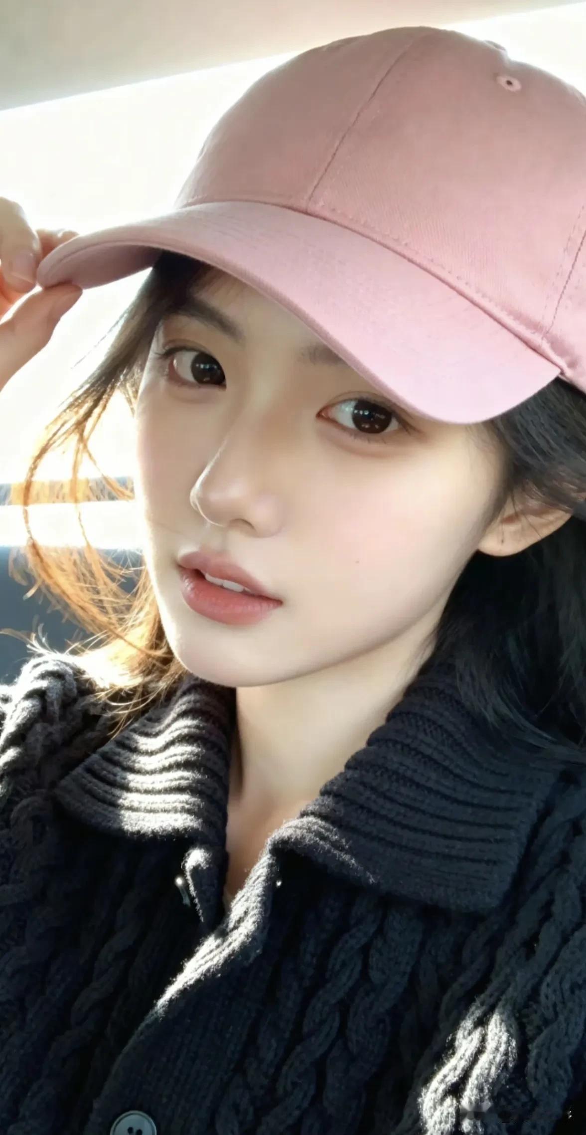 光之影粉色棒球帽搭配黑色毛衣，青春活力满满！🌞👒👗