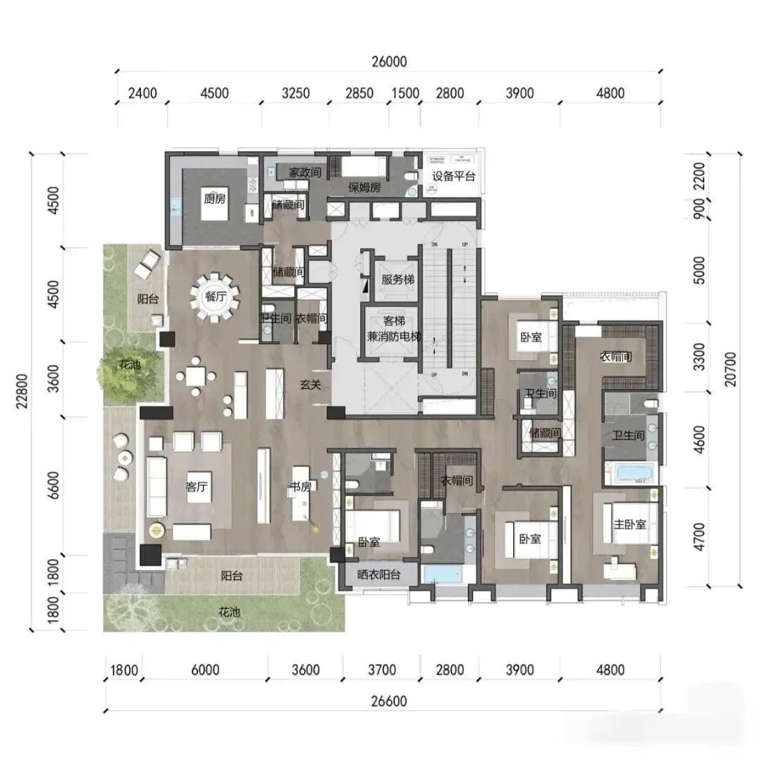 开阔与力量，在这大平层里展现得淋漓尽致。66㎡超大横厅，挑高感拉满，客厅、