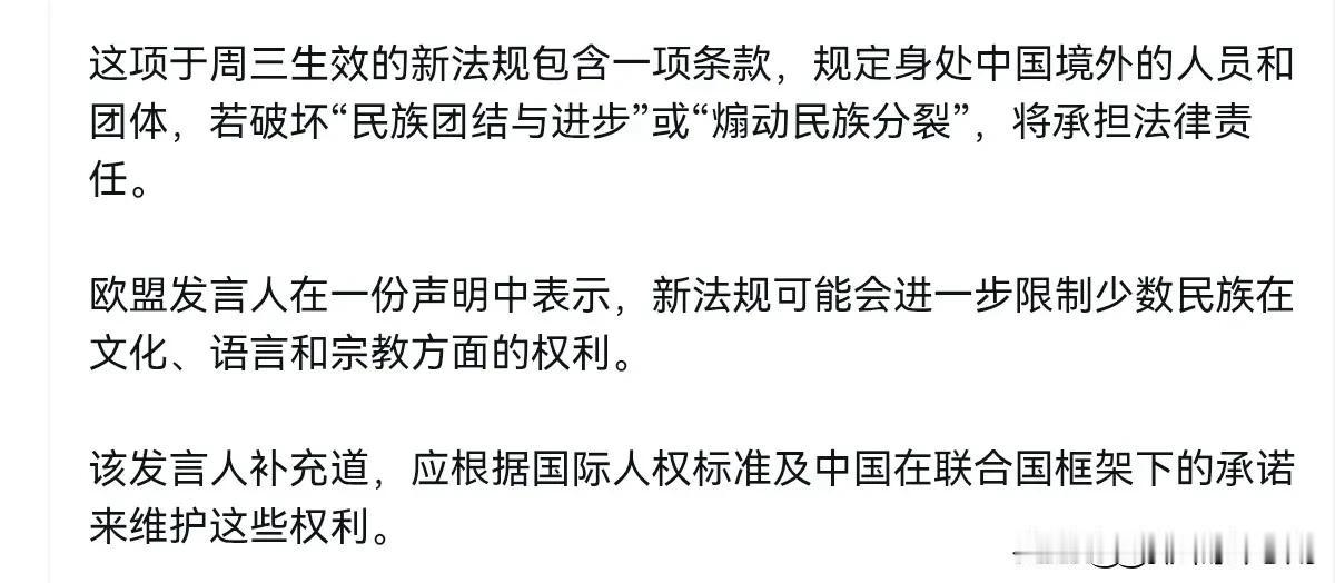 欧盟出来回应了！在我们《民族团结进步促进法》生效之后，7月2日，欧盟发言人在一份