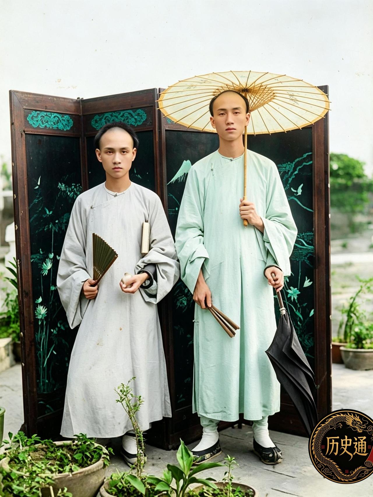 这是光绪年间两位青年并肩站在绣花屏风前。左边那位穿一身素灰薄长衫，手执一柄折扇；