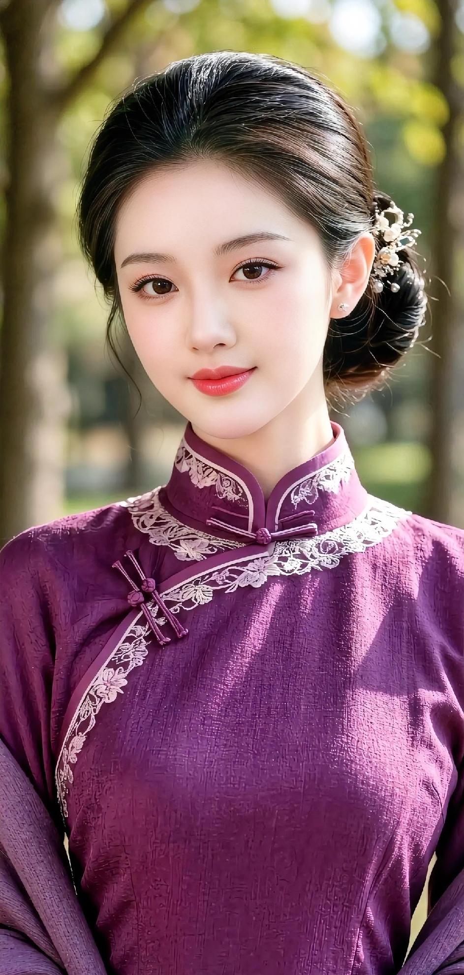 《紫缎上的东方雅韵》深紫旗袍，裹着岁月的温婉，立领蕾丝，轻诉旧梦新篇。