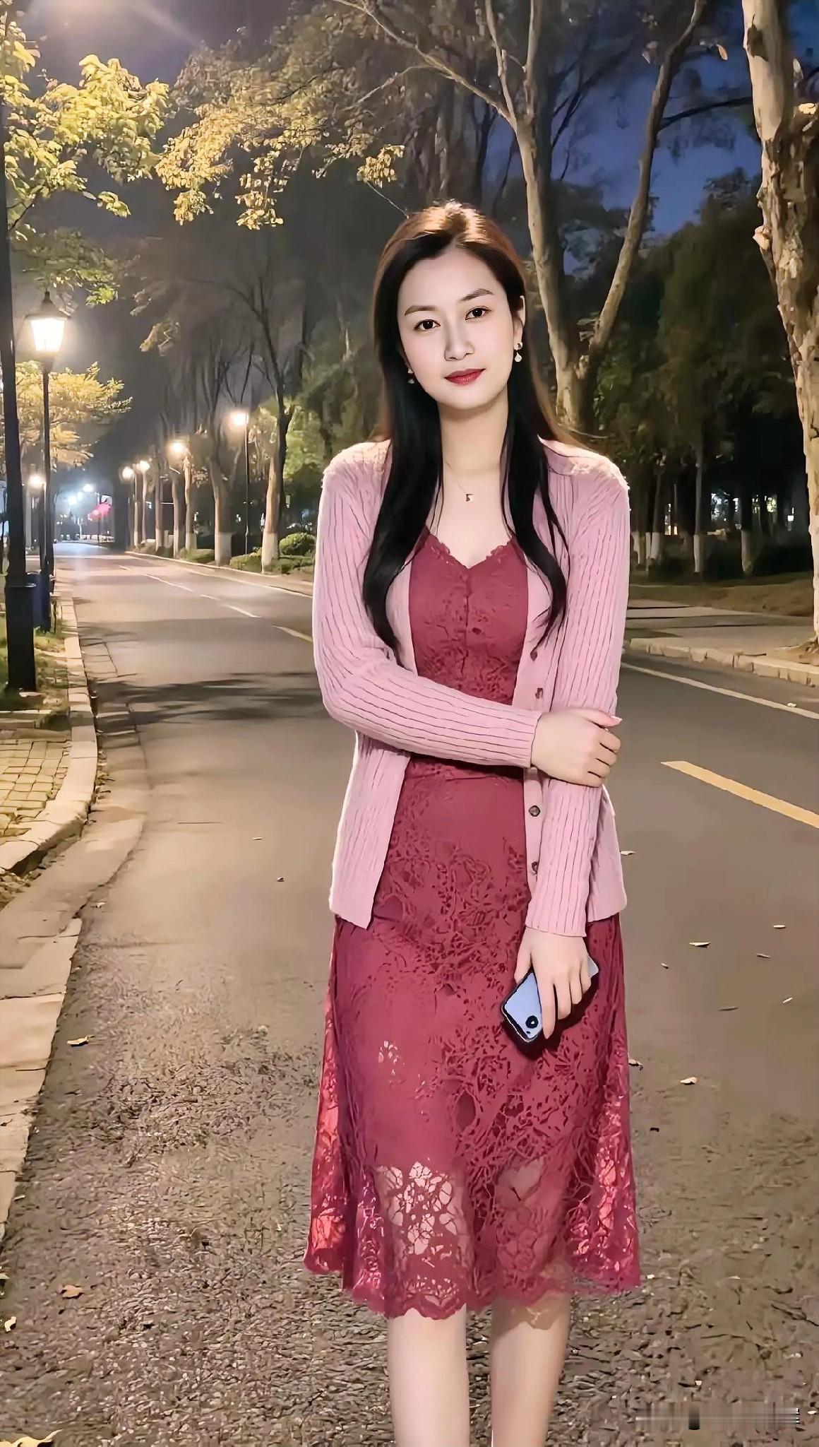 夜灯如星，铺满林荫道。她立中央，粉裙曳地似花绽。针织开衫，裹住温柔的暖意