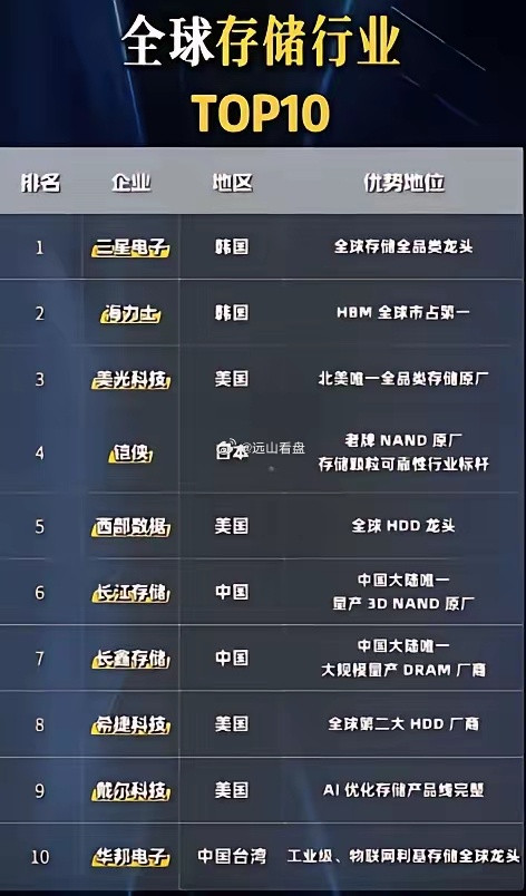 全球存储器十大科技公司分布1、三星电子（韩国）2、SK海力士（韩国）3、美光科技