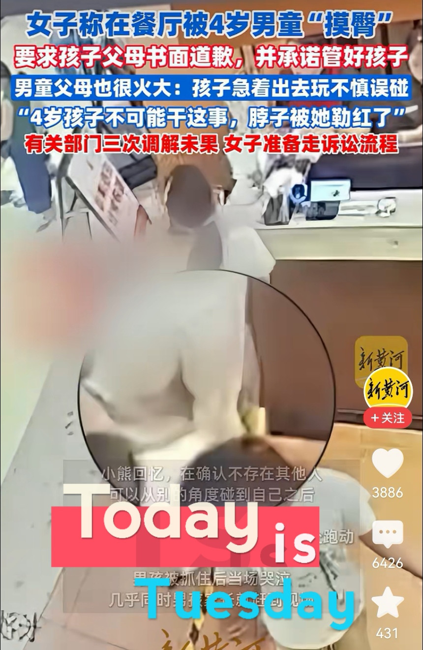 餐厅里被4岁男童碰了屁股，女子死磕“书面道歉”，家长反要她先认错：三次调解全崩，准备告上法庭8月26