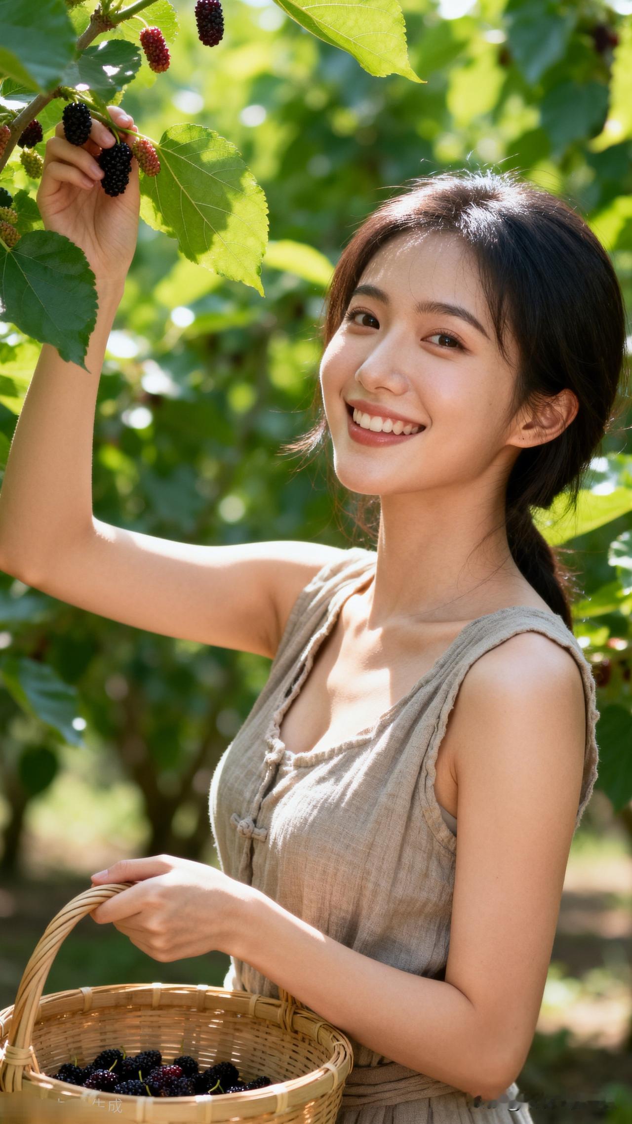 笑语盈盈暗香来，黑莓采摘乐无边。高级感穿搭，温柔风穿搭。阳光下的黑莓采摘，甜美