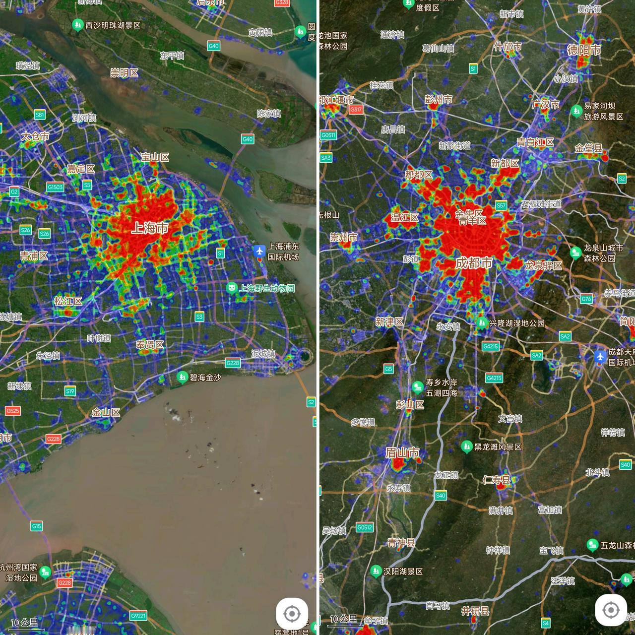 现如今上海常住人口数量2480万，成都常住人口数量2153万，然而看城市热力图我