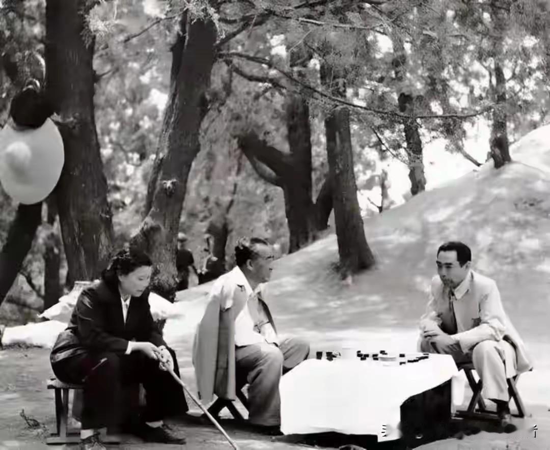 五十年代，朱德和周恩来在北京某地樱花大树下摆桌正在下象棋，朱德夫人康克清坐在一边