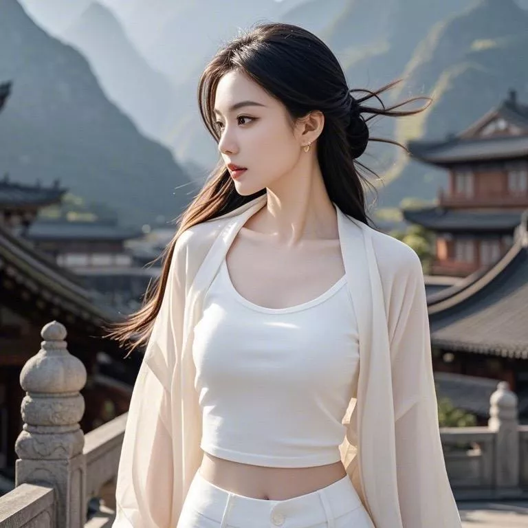 少女漫步古风古镇，白衣飘飘如仙子。