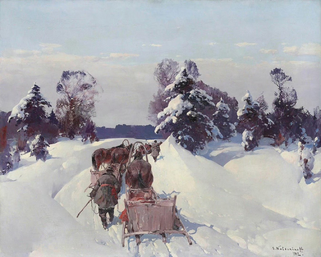 艺术家StepanKolesnikov（1879-1955）的作品冬雪里的人