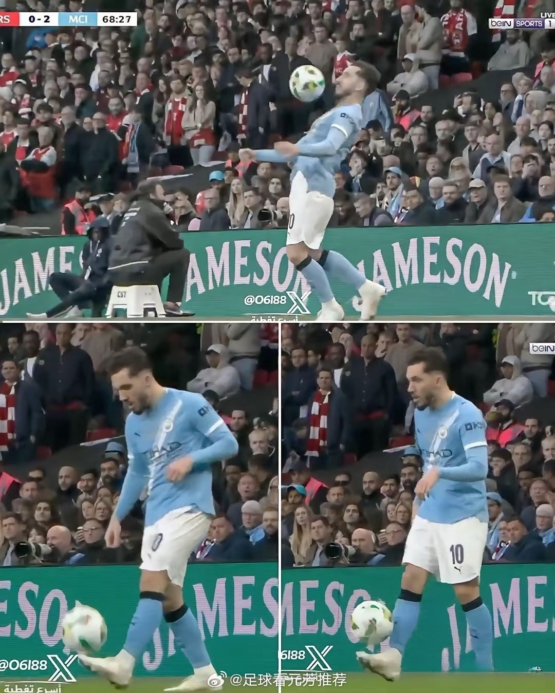 谢尔基场上“炫技”，瓜迪奥拉场边摇头，显然不认可。结果，他很快被本怀特“教训”。