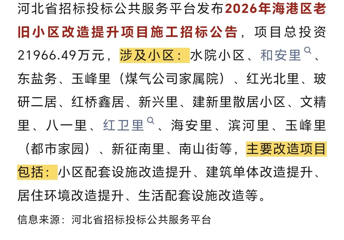 总投资2.19亿！秦皇岛这些小区动了~2026年秦皇岛海港区老旧小区改造提升项