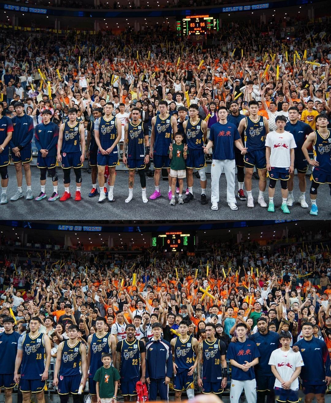 广东队全体球员和球迷大合照，主场收官战遗憾收尾，镜头里大家都没有太多笑容，期待季