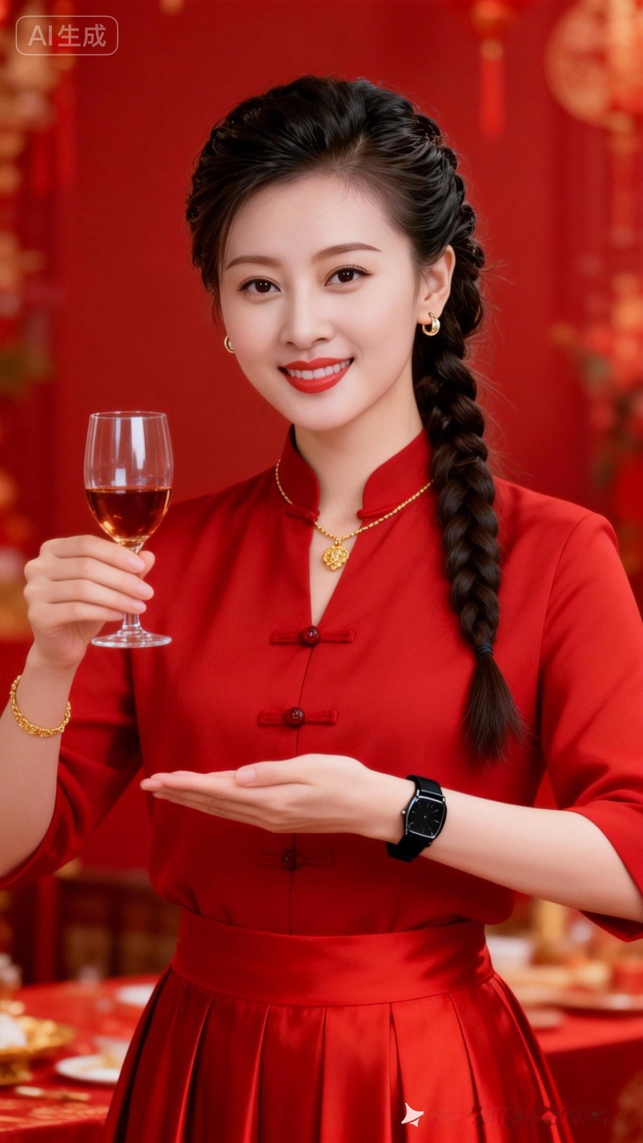 穿红裙的姑娘端着酒杯微笑。