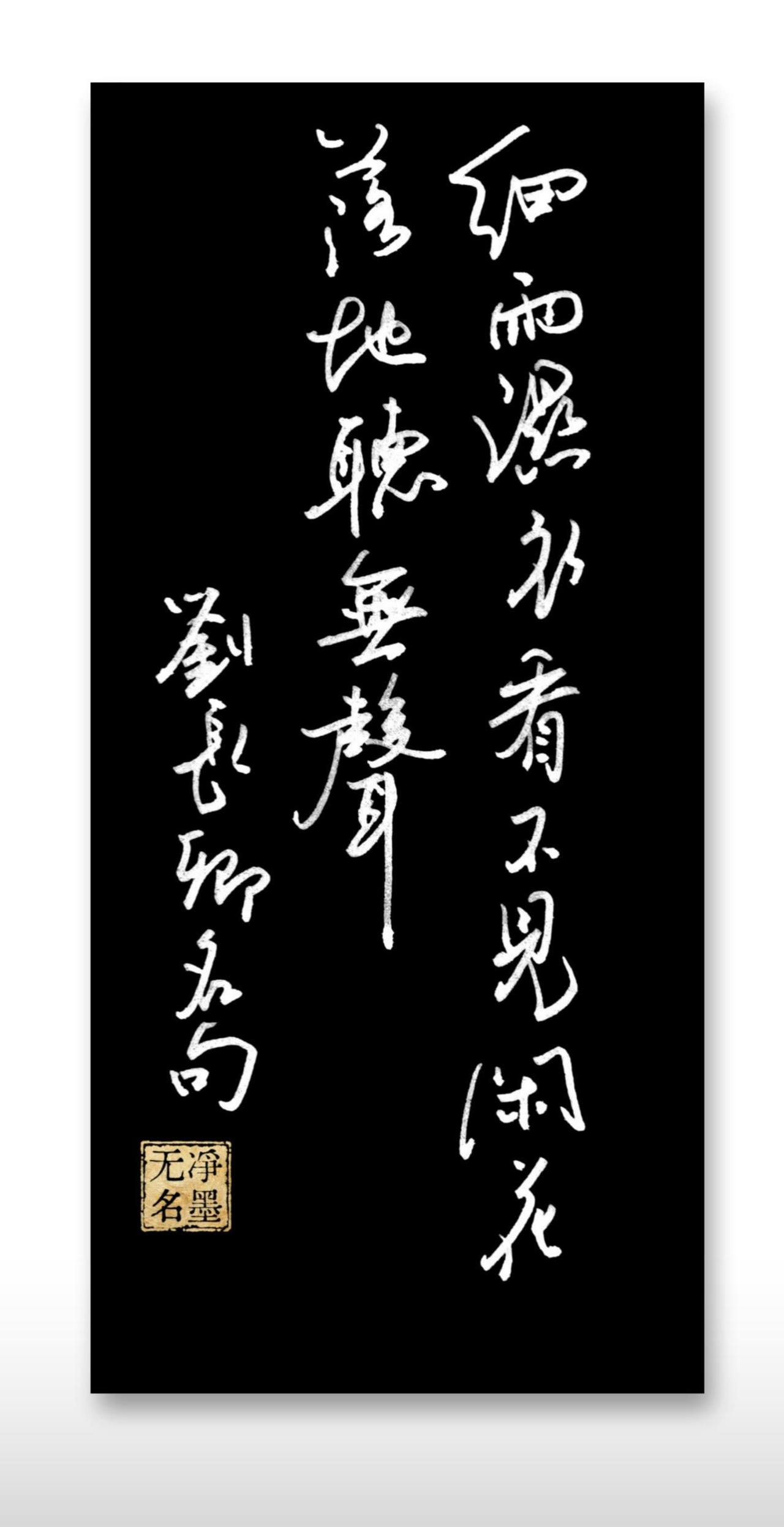 钢笔行书**诗句：**细雨湿衣看不见，闲花落地听无声。落款：刘长卿名句出自