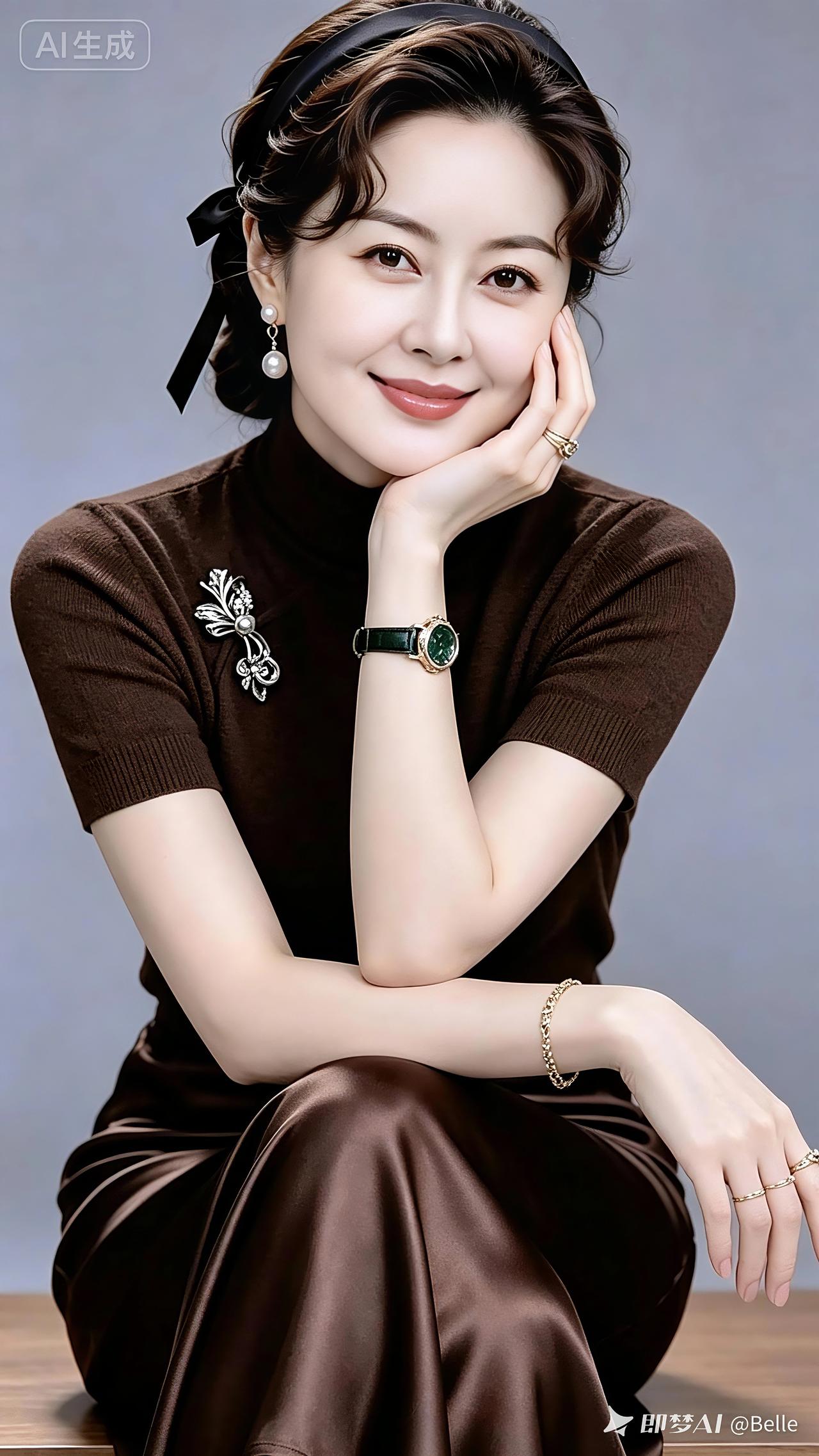 雅韵芳颜一袭棕衫衬得气质温婉柔和，珠钗耳坠相映点亮澄澈清眸。青丝松松挽起尽