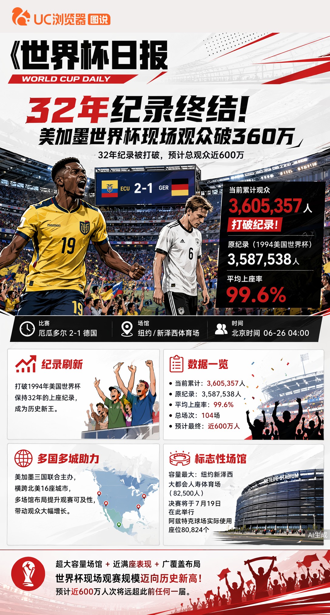 32年纪录终结！美加墨世界杯现场观众破360万，预计冲击600万