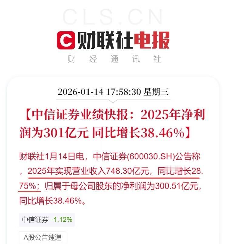 1月14日，中信证券发布2025年业绩快报，着实令人眼前一亮。公司全年实现归母净