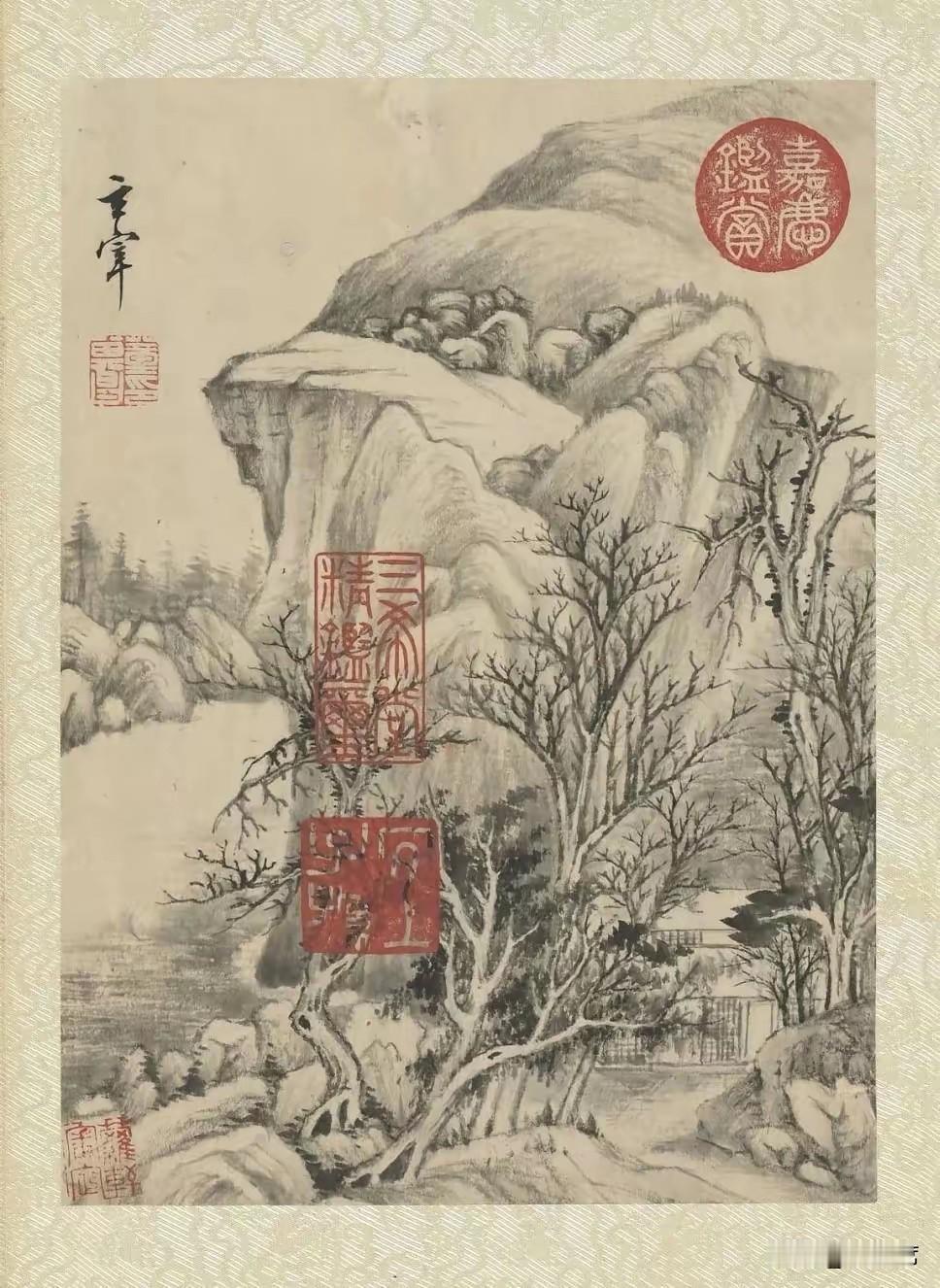 董其昌《山水册》纸本水墨册页，为晚年仿古写意小品，取法宋元南宗山水。以书法笔法入