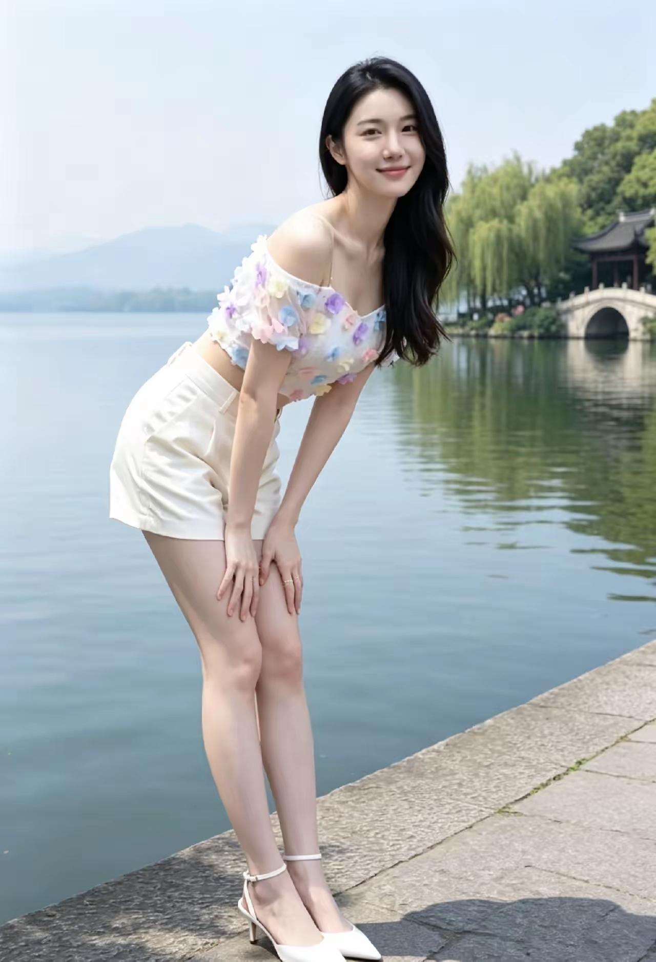 这位小姐姐在湖边拍照，风景美如画。