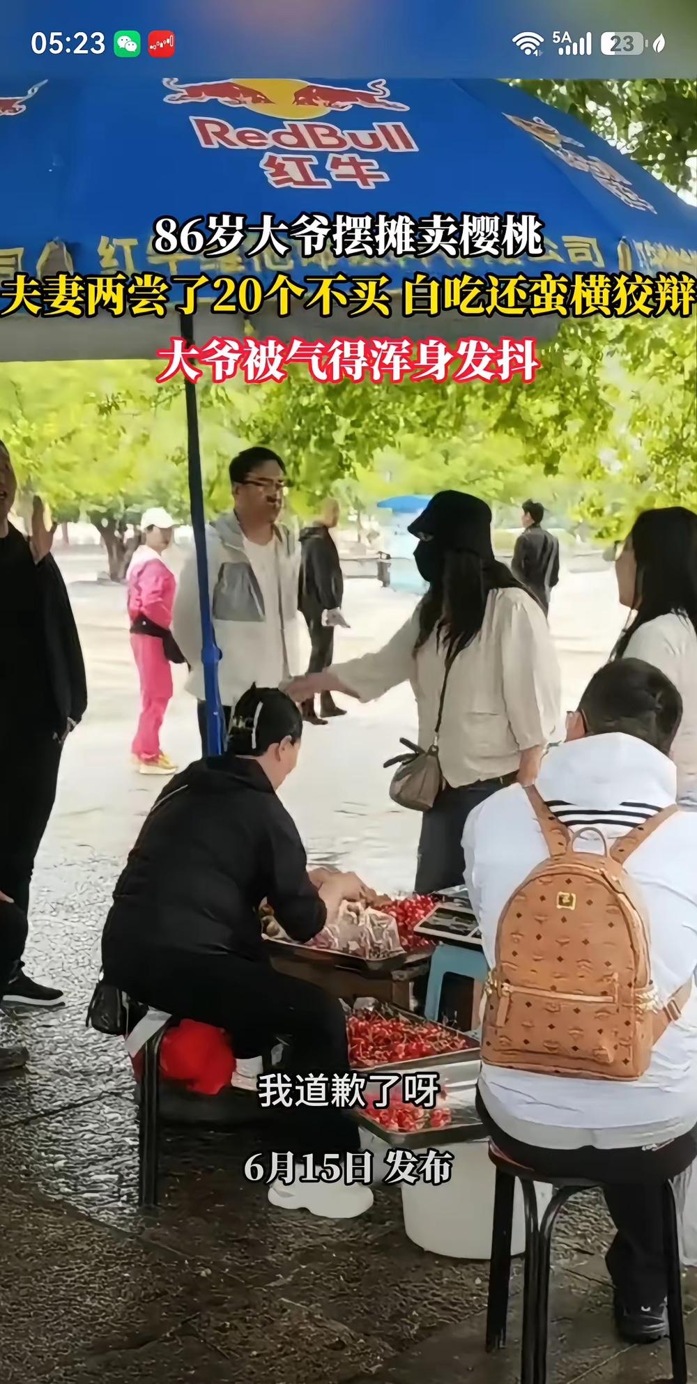 张嘴就是“我道歉了啊”“不行给你磕头”，偷摘了20多颗大爷种的樱桃，这夫妻俩的道