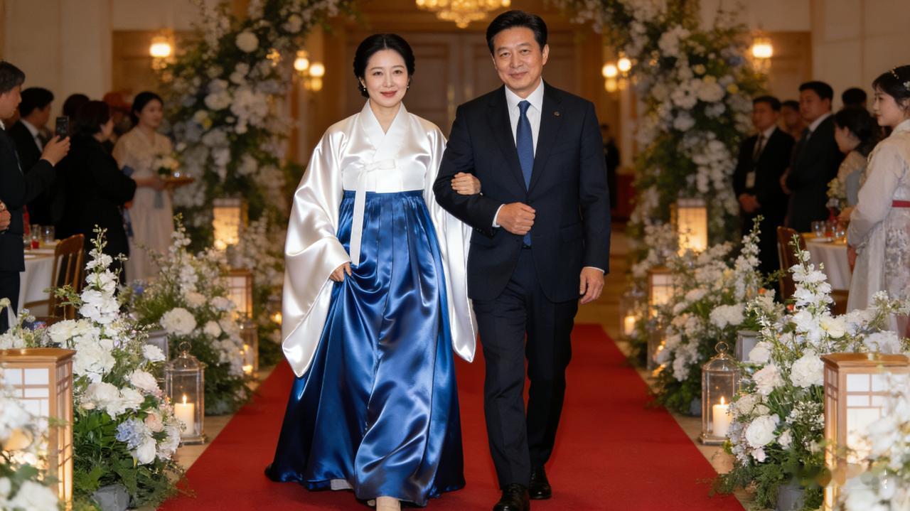 🇰🇷韩服出圈！李在明夫人京郊侨宴亮相，蓝白传统造型搭起中韩文化桥🇨🇳