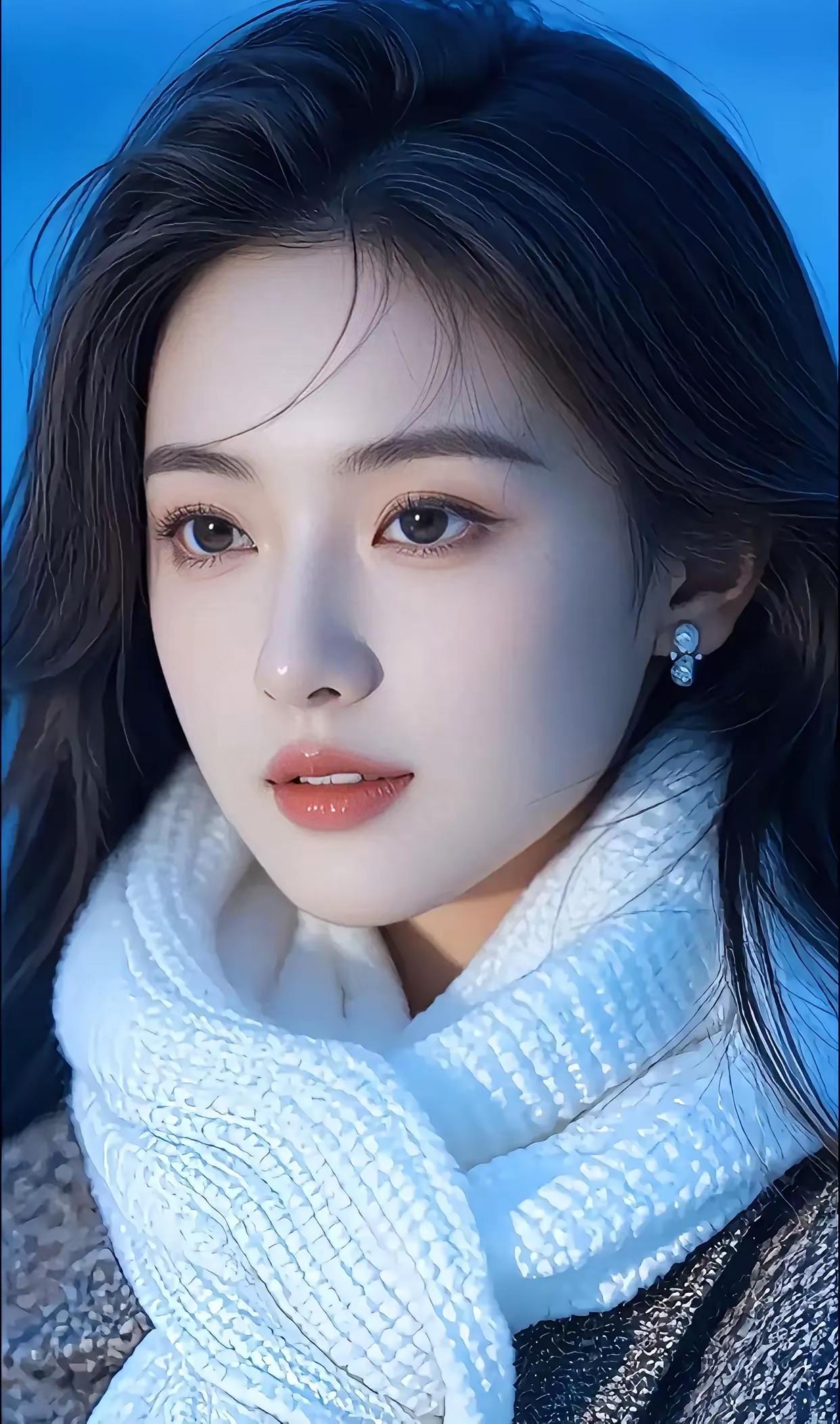 蓝调光影里，她眼眸清澈如初雪，白围巾轻裹，温柔又带点小俏皮，治愈系满分。