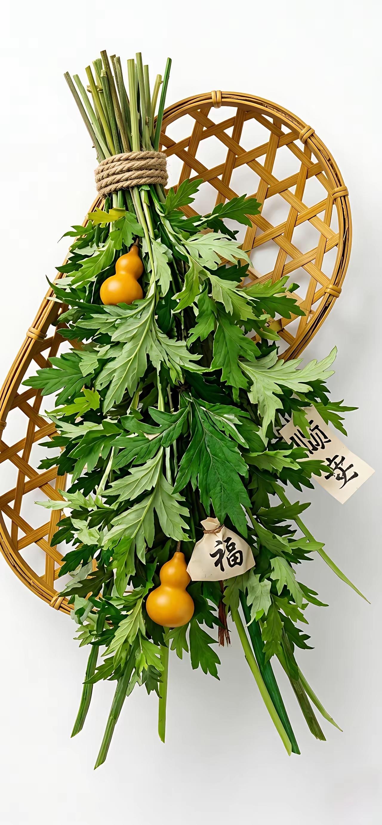 手机壁纸～端午安康，青艾垂枝纳清夏，葫芦藏福伴安康。竹扇承着端阳的烟火意，艾香漫