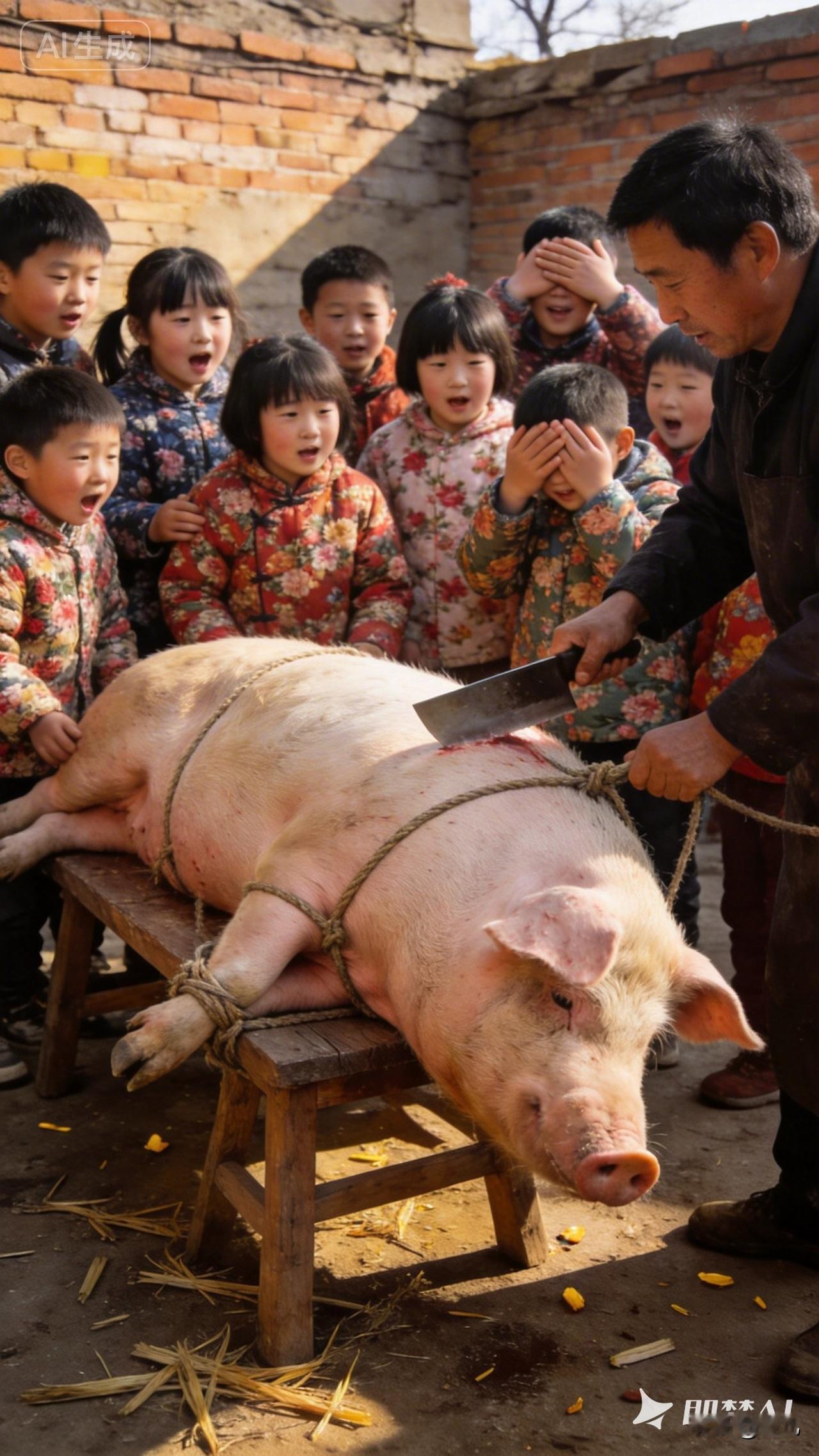 看杀猪争抢膀胱和猪蹄子如今没人要。每年这个时候村里开始杀猪了。我小时候