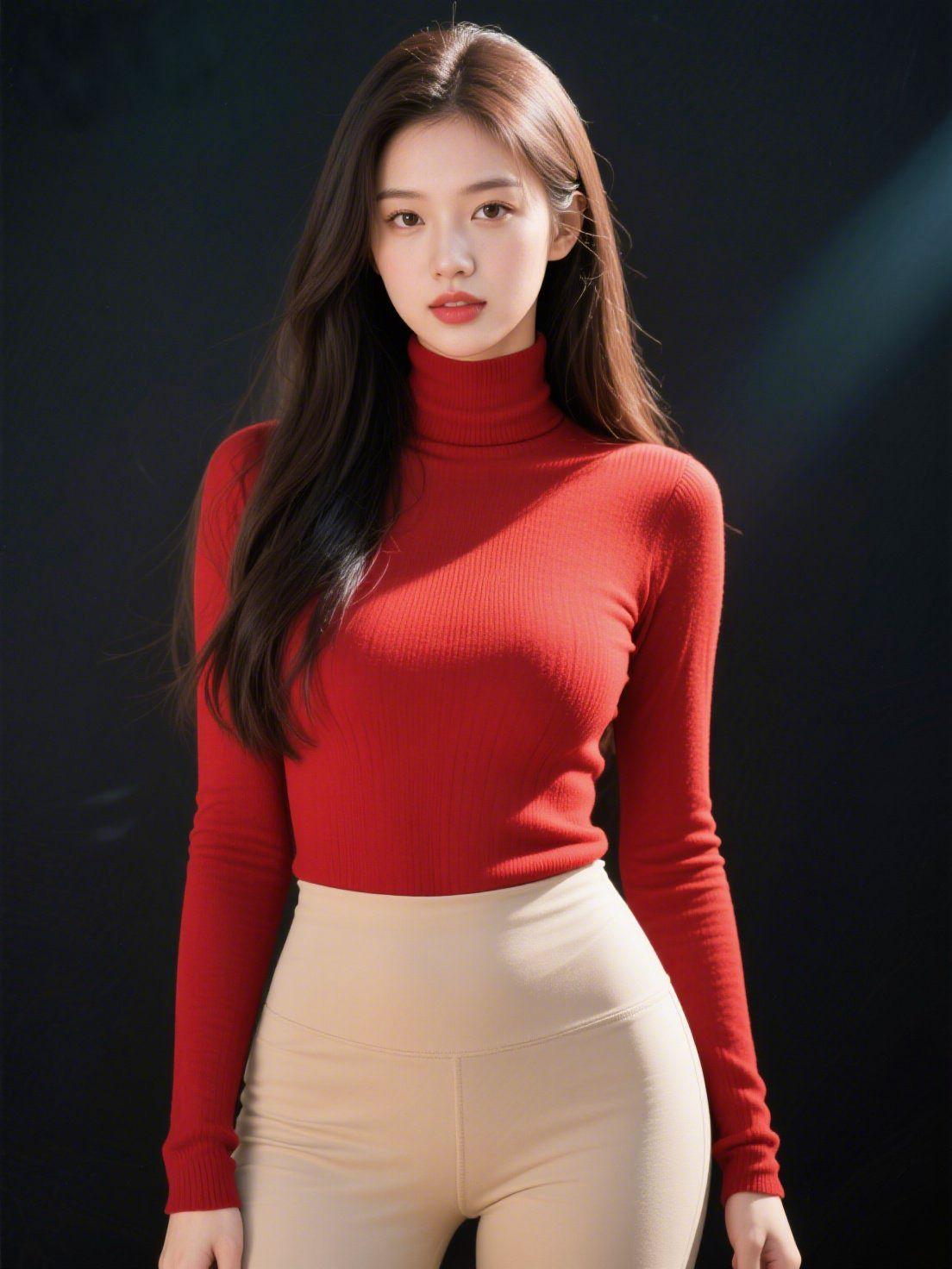 《红衫里的暖室光》暗室束光轻落，她身上这袭正红高领衫，似将冬阳暖意揉进绒线