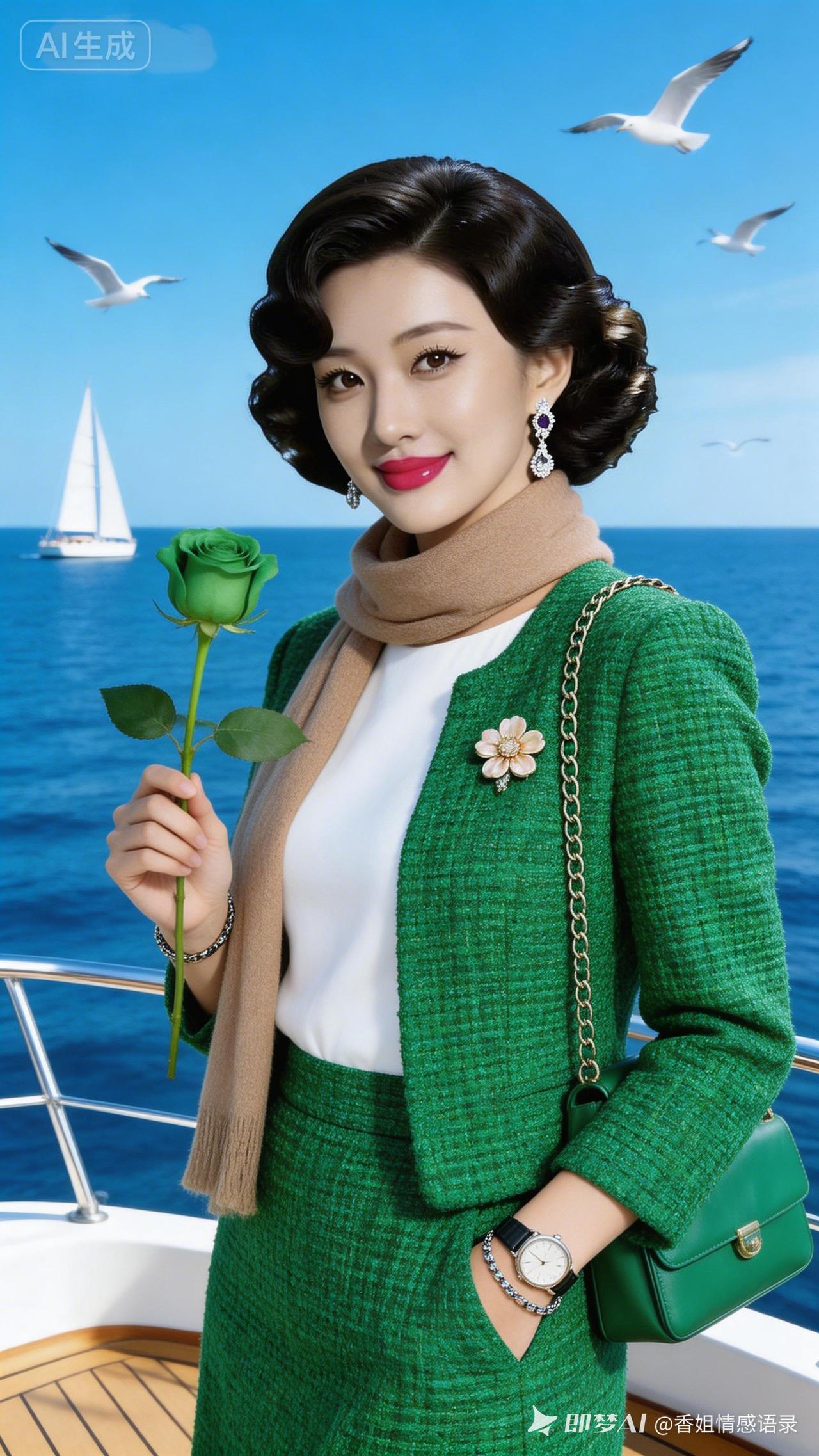 复古风情，海风拂面，优雅绿衣，玫瑰相伴，时光静好。