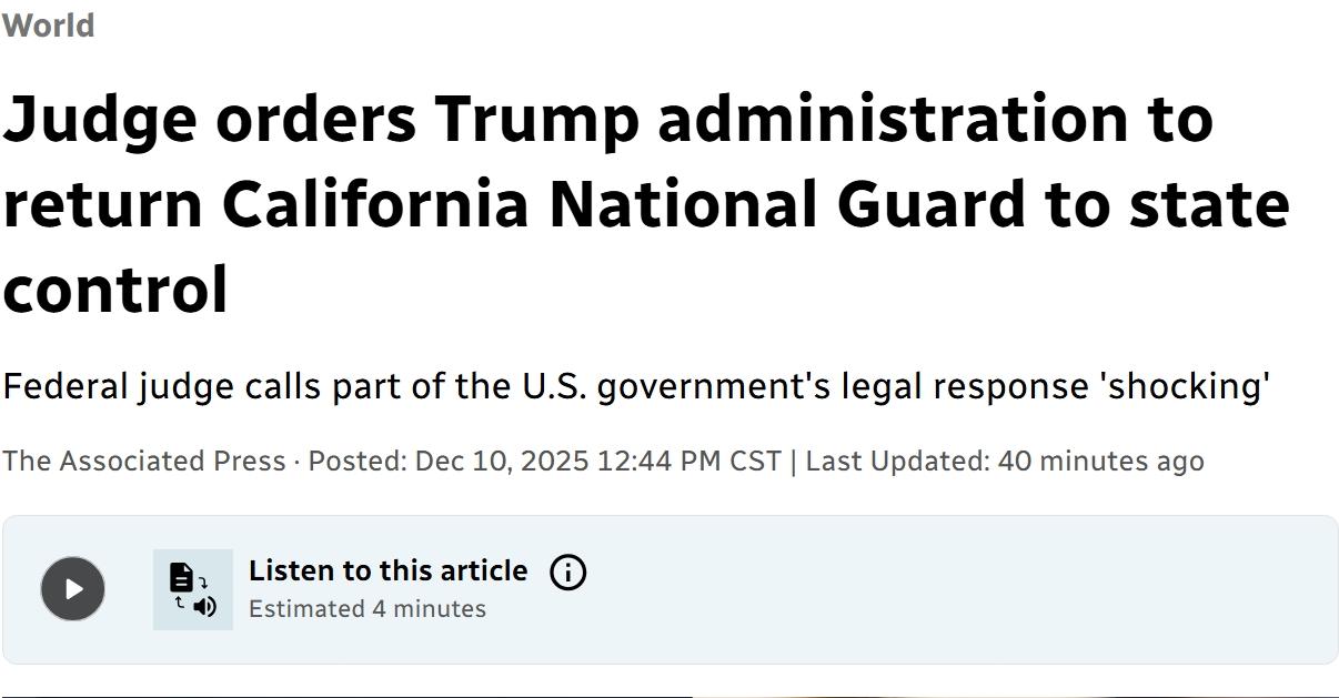 美国法官命令特朗普政府将加州国民警卫队归还州政府控制当地时间周三，旧金山的美国