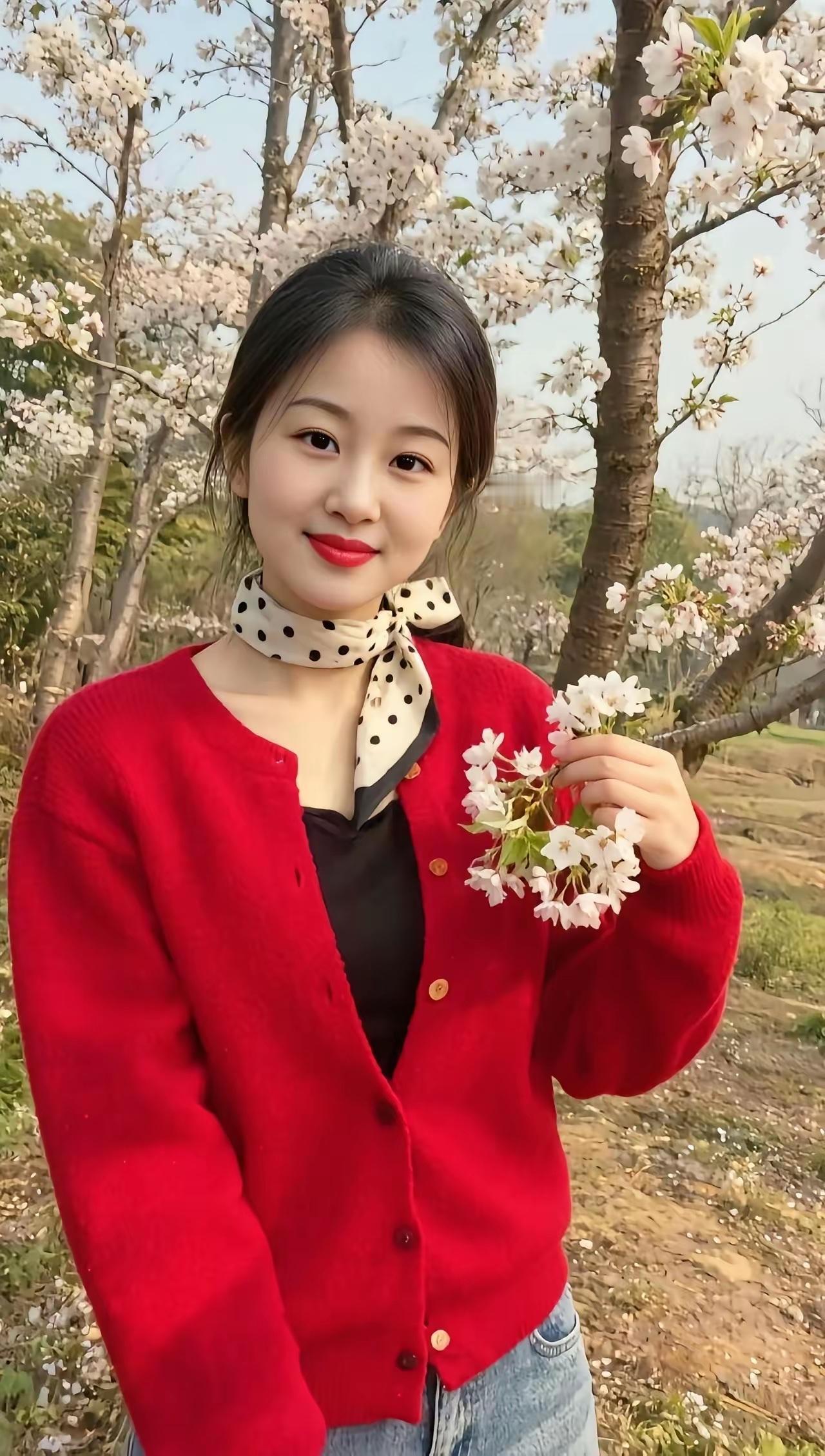 油律•赞-樱花树下红衫女文//熏墨红衫白颈步轻盈，笑靥如花自放晴；秀发盘