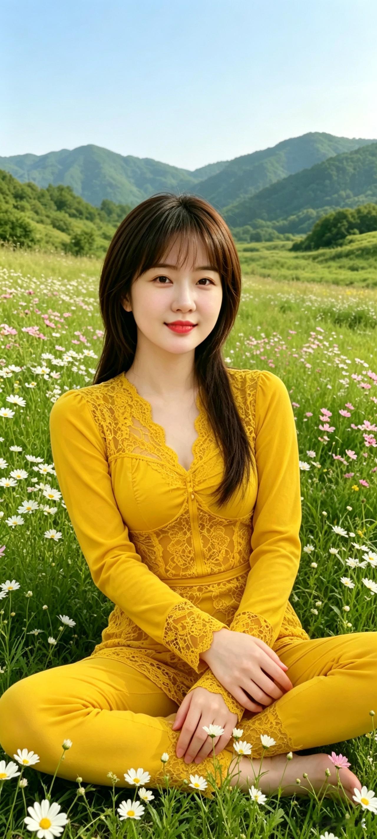 黄衣美人赞青山凝翠野花妍，黄袂佳人入画笺。乌发柔滑垂似练，笑眸弯弯意悠然