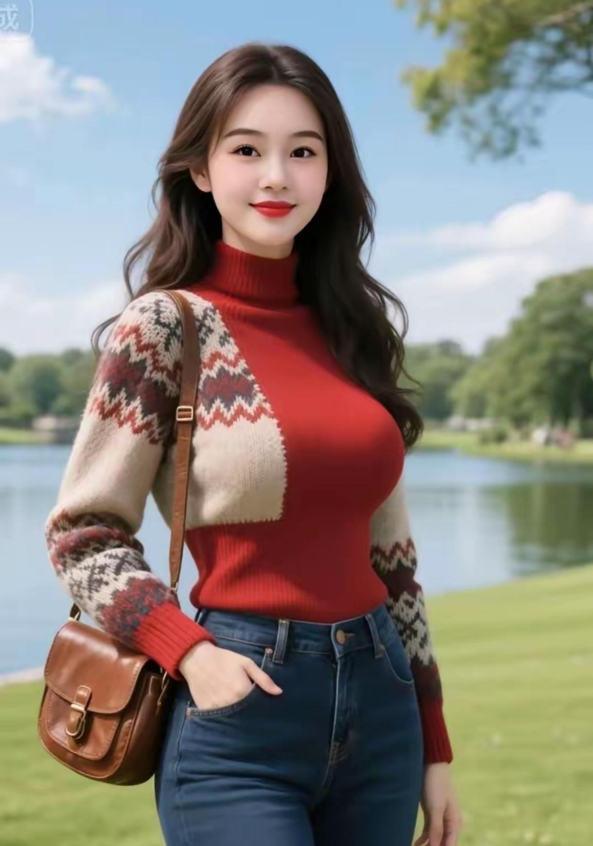 湖畔那复古暖红诗行她站在湖畔青草地，红调高领毛衣就像把秋日暖阳穿身上。衣袖几何