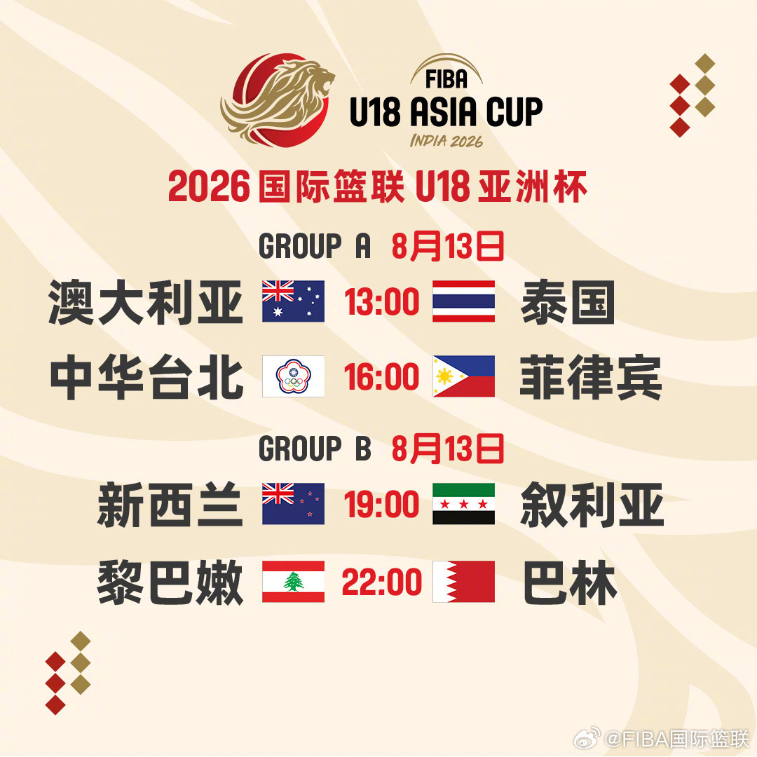 2026FIBAU18亚洲杯第1️⃣比赛日赛程✨A组、B组球队今日亮相✨