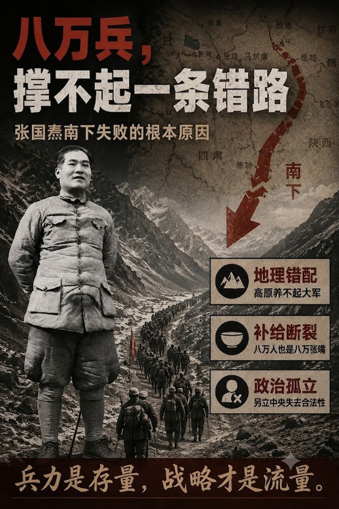 张国焘拥兵八万，南下为何失败？Claude对此解答：南下失败的根本原因是战略环