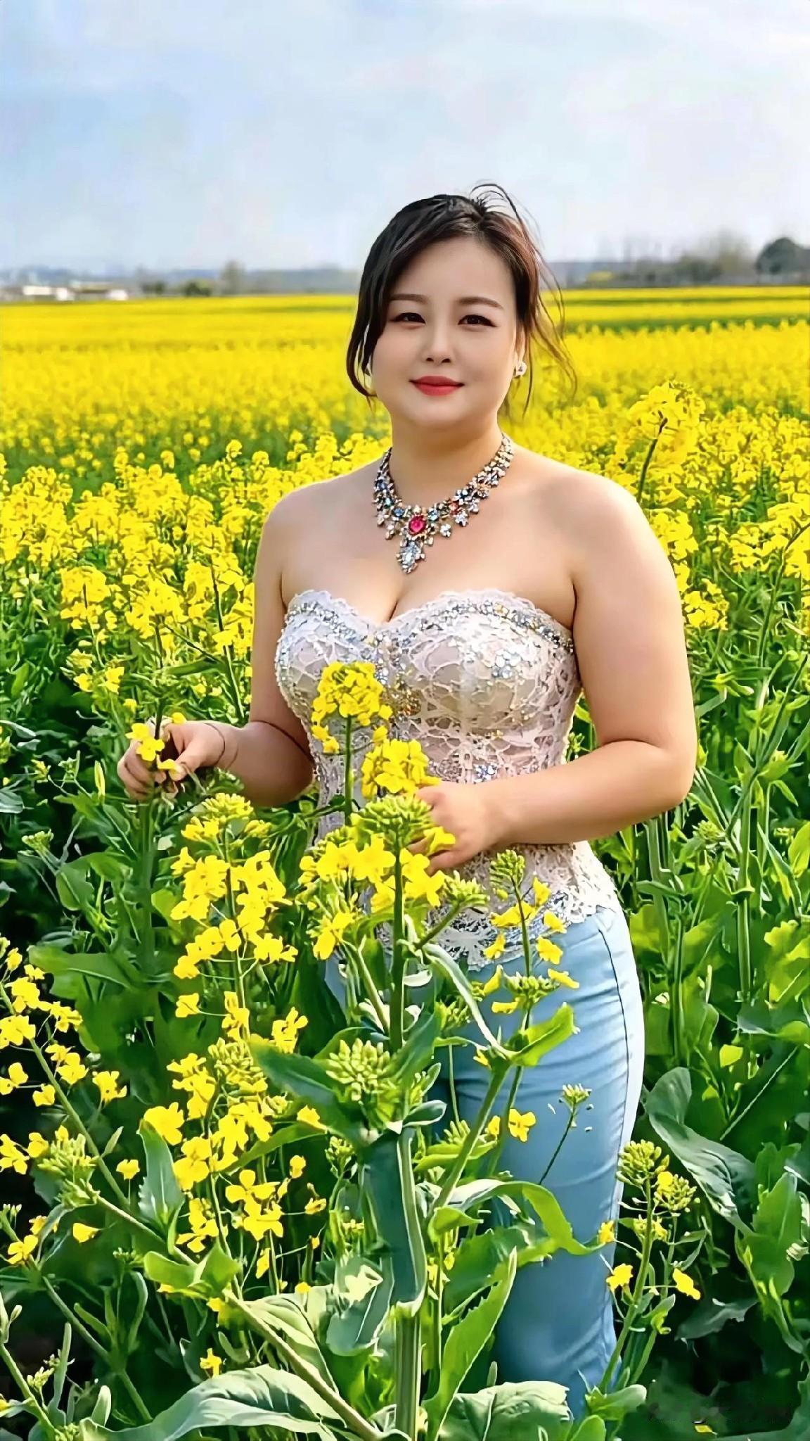 这位佳人在油菜花田中留影。油菜花田野风景油菜花花田写真油菜花田地写真油菜花