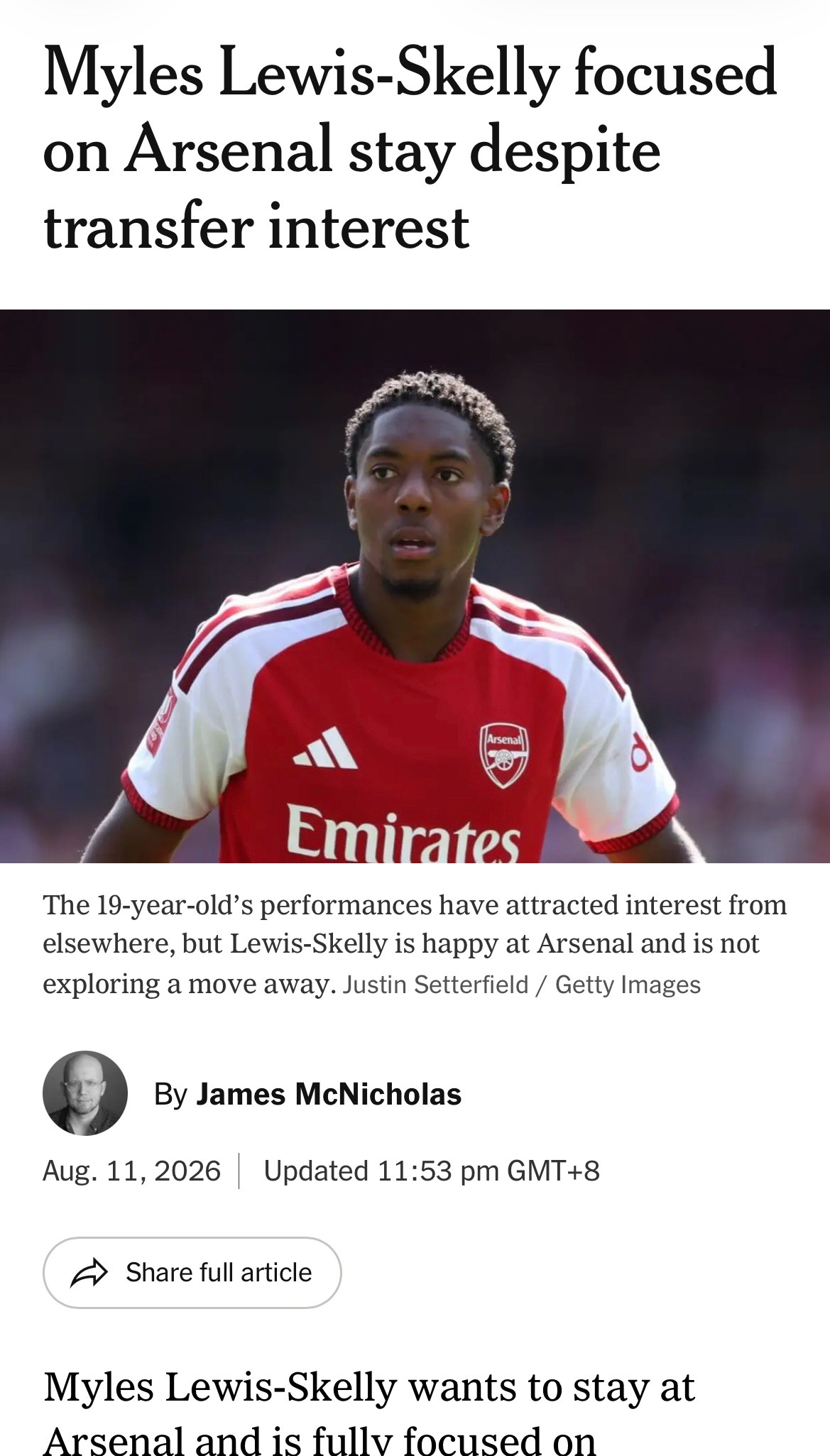 JamesMcNicholas：刘易斯-斯凯利希望留在阿森纳，并全身心专注于在